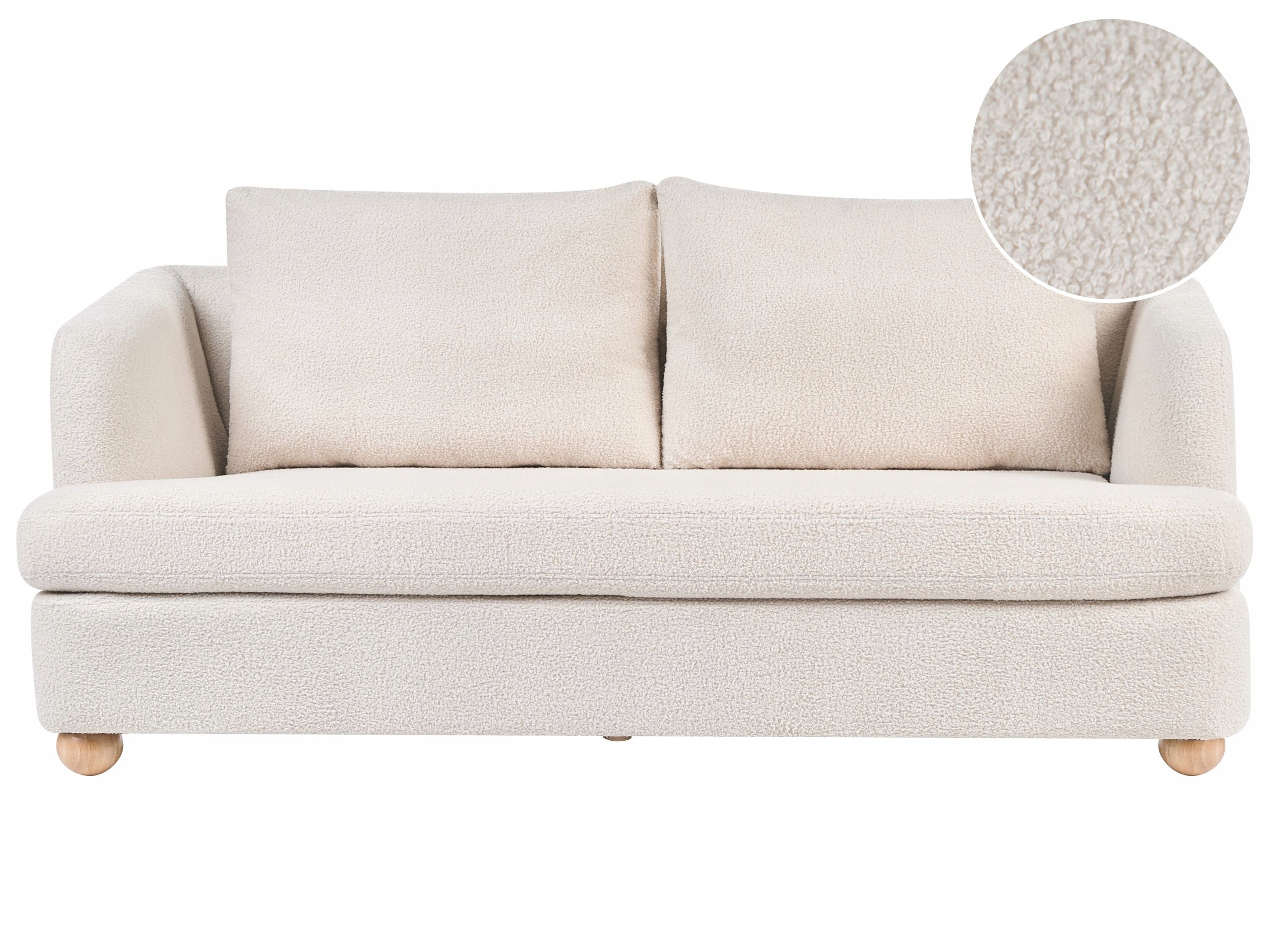 Tapicerowana sofa 3-osobowa z drewnianymi nóżkami boucle złamana biel