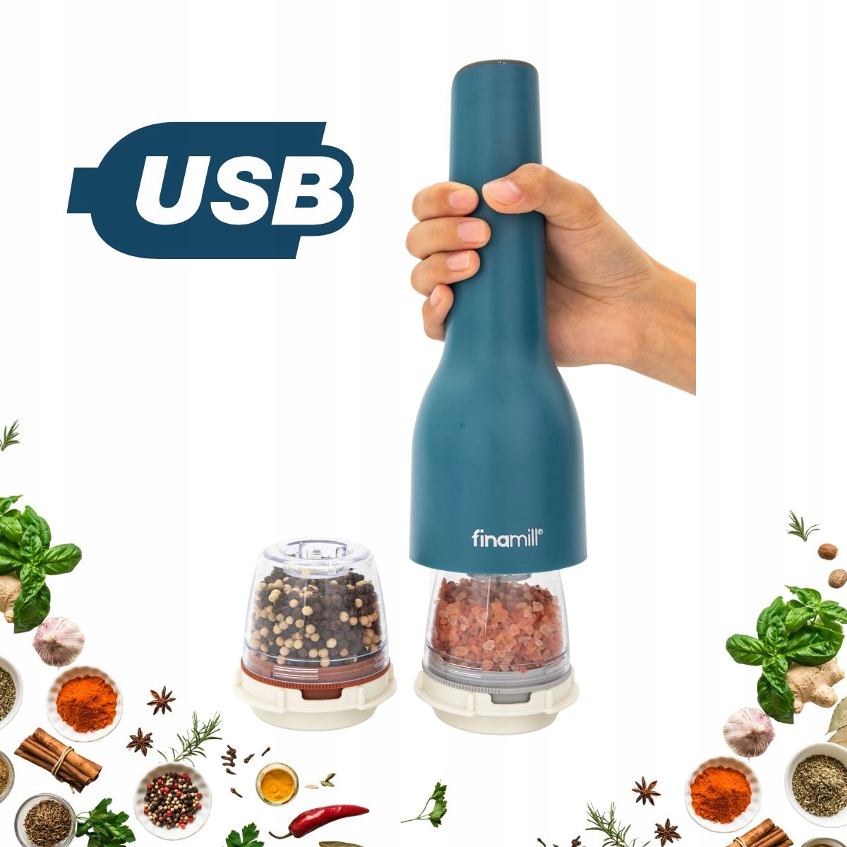 Elektryczny młynek do soli i pieprzu na Usb FinaMill niebieski