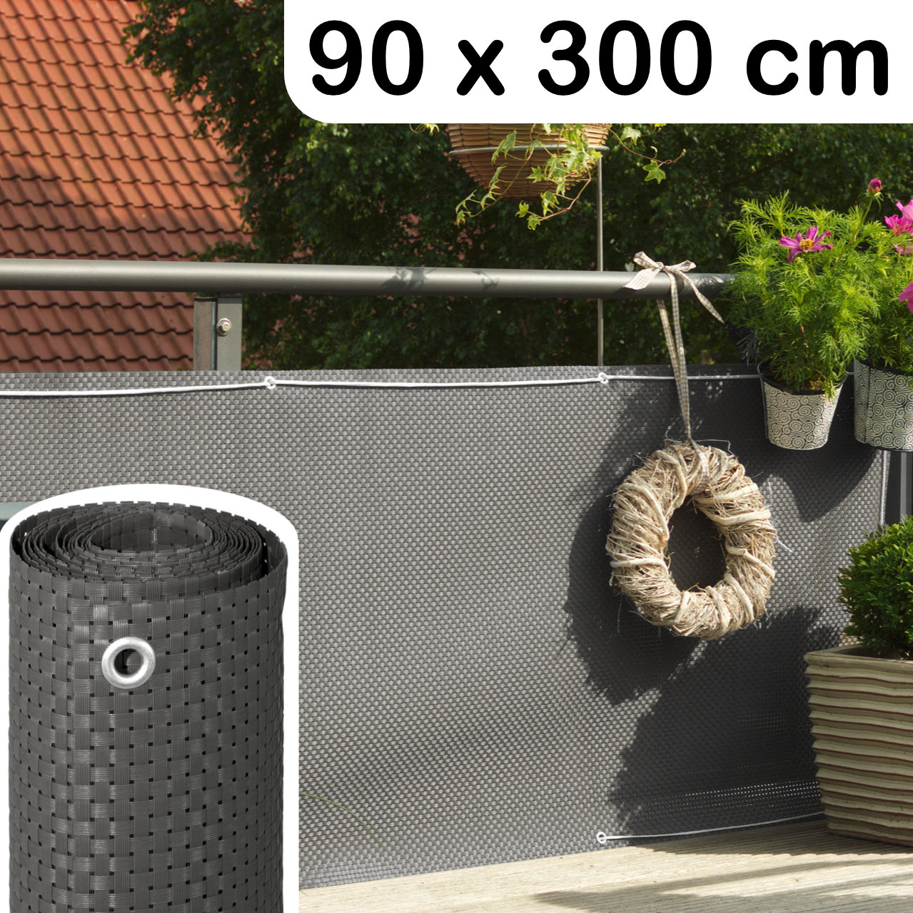 Osłona balkonowa rattanowa z plecionki oczkowana 90 x 300 cm tytanowy szary