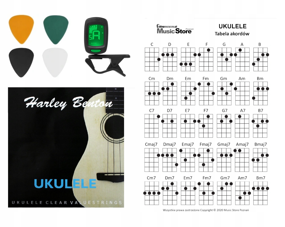 Zestaw do Ukulele TUNER AKORDY STRUNY KOSTKI