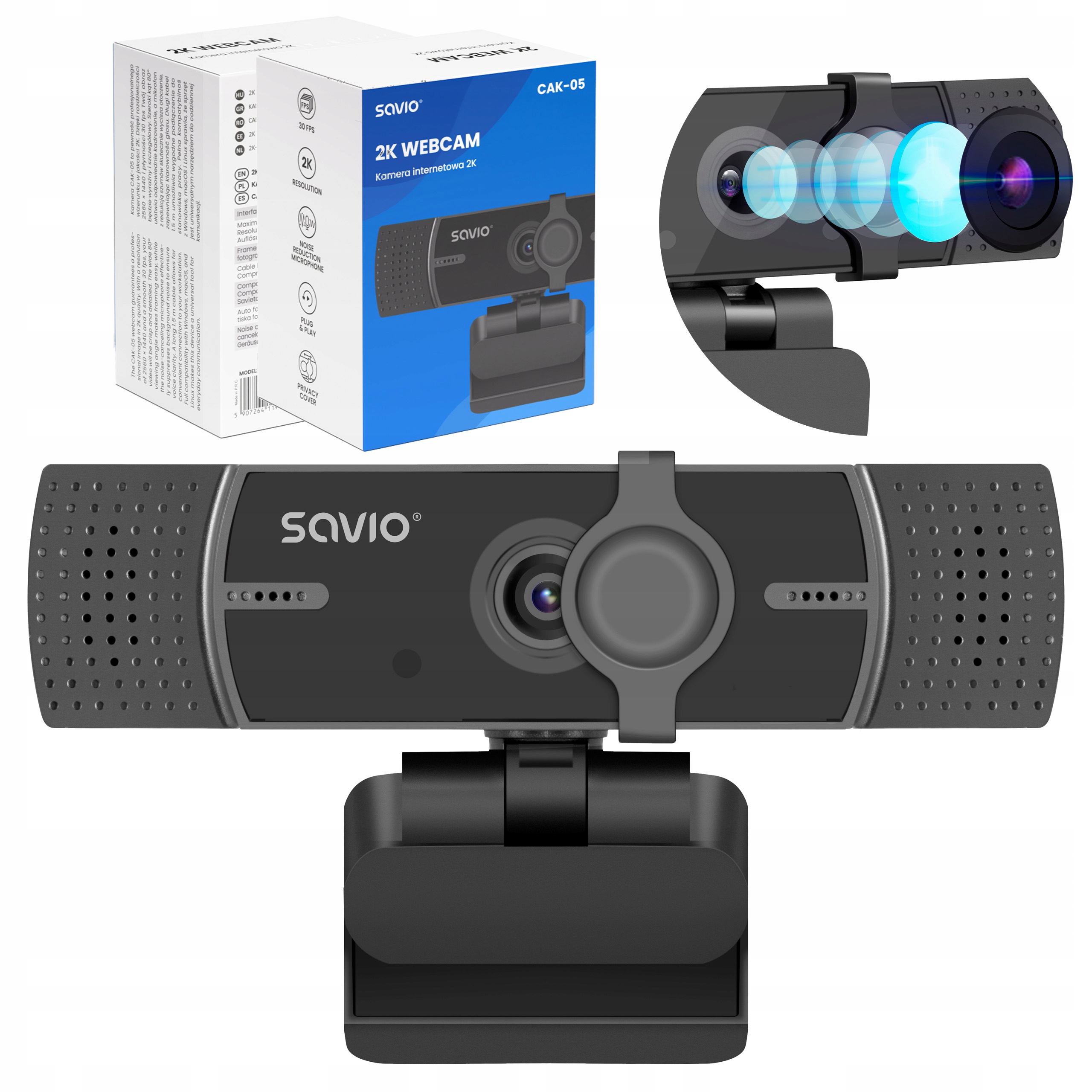 Internetová kamera 2K Mikrofon Redukce šumu Kryt Usb Savio CAK-05