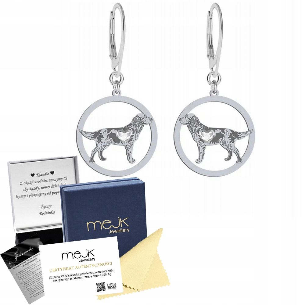 Stříbrné Náušnice z Polska Lovecký španěl 925 Šperky Gravírování Bonus