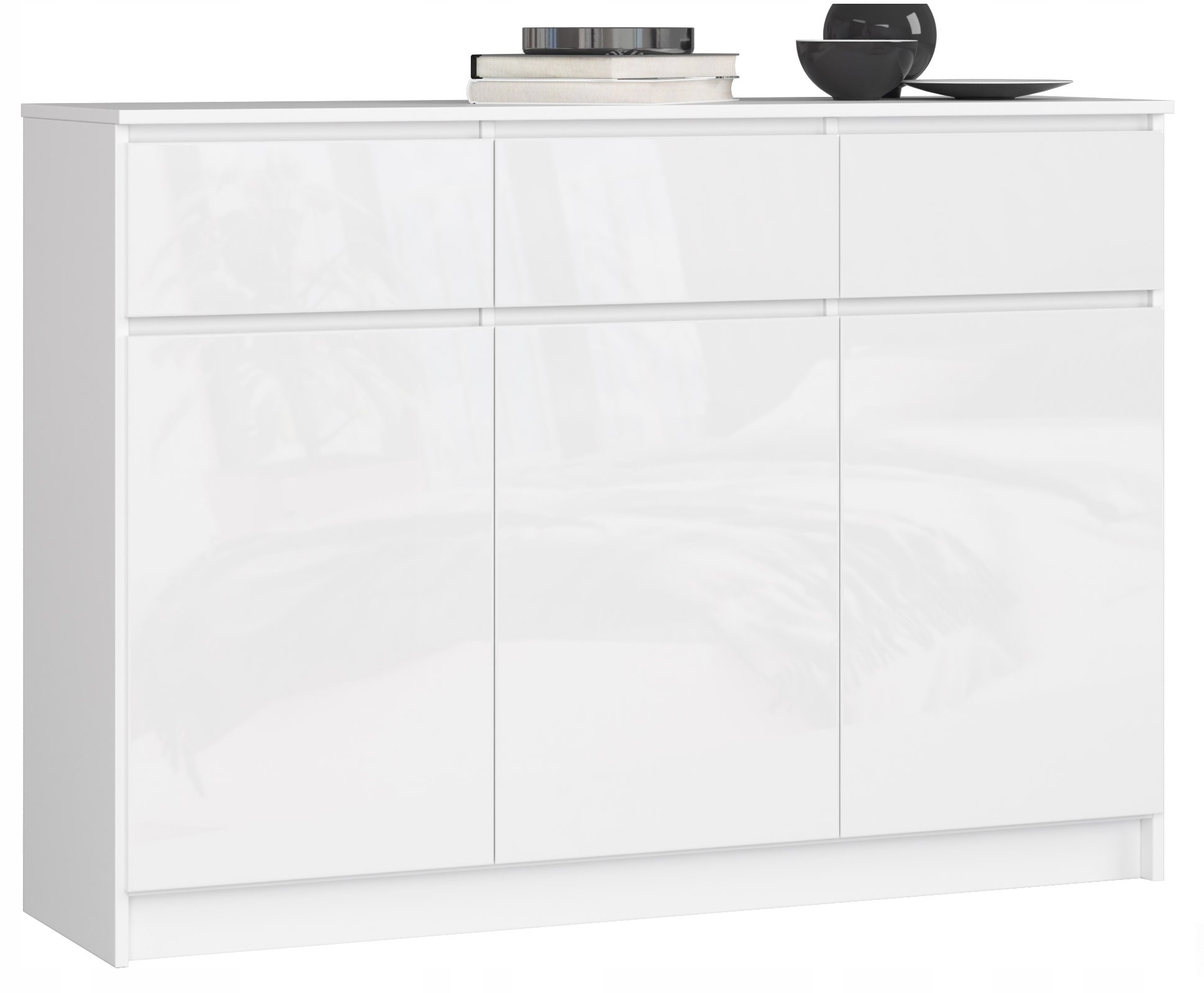 Komoda salon 140 cm 3 drzwi 3 szuflady szafka nowoczesna Biała Biały Połysk