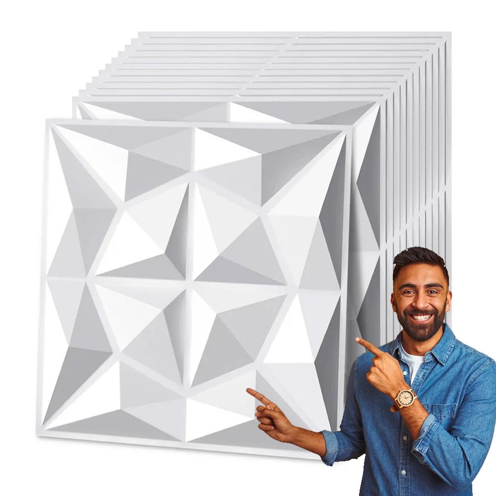 12x Bílý Nástěnný Kaseton Nástěnné Panely Stropní Kazety 3D Diamant 50 cm