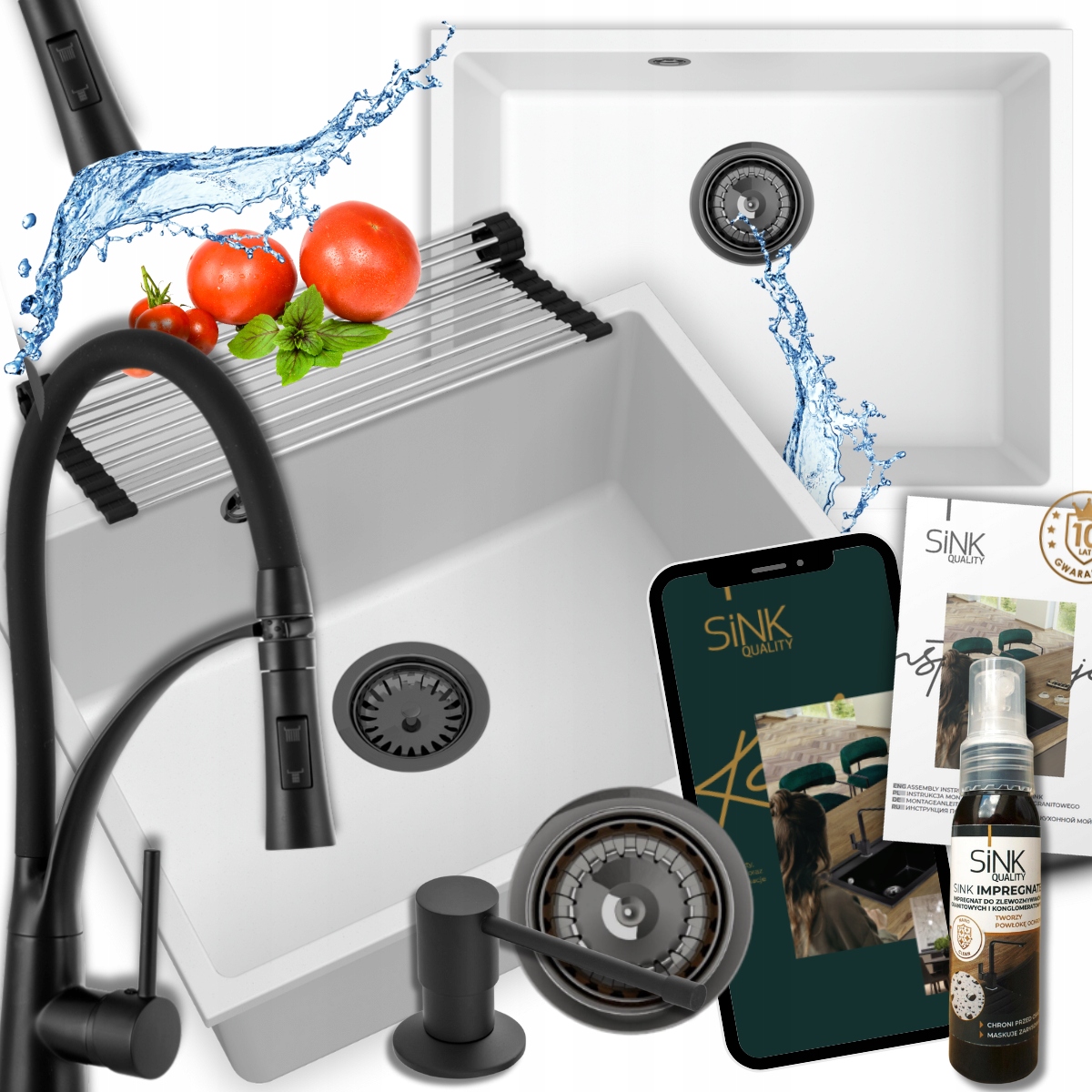 Dřez Bílý granitový 60 cm s Baterií Syfon+ Bonus 9v1