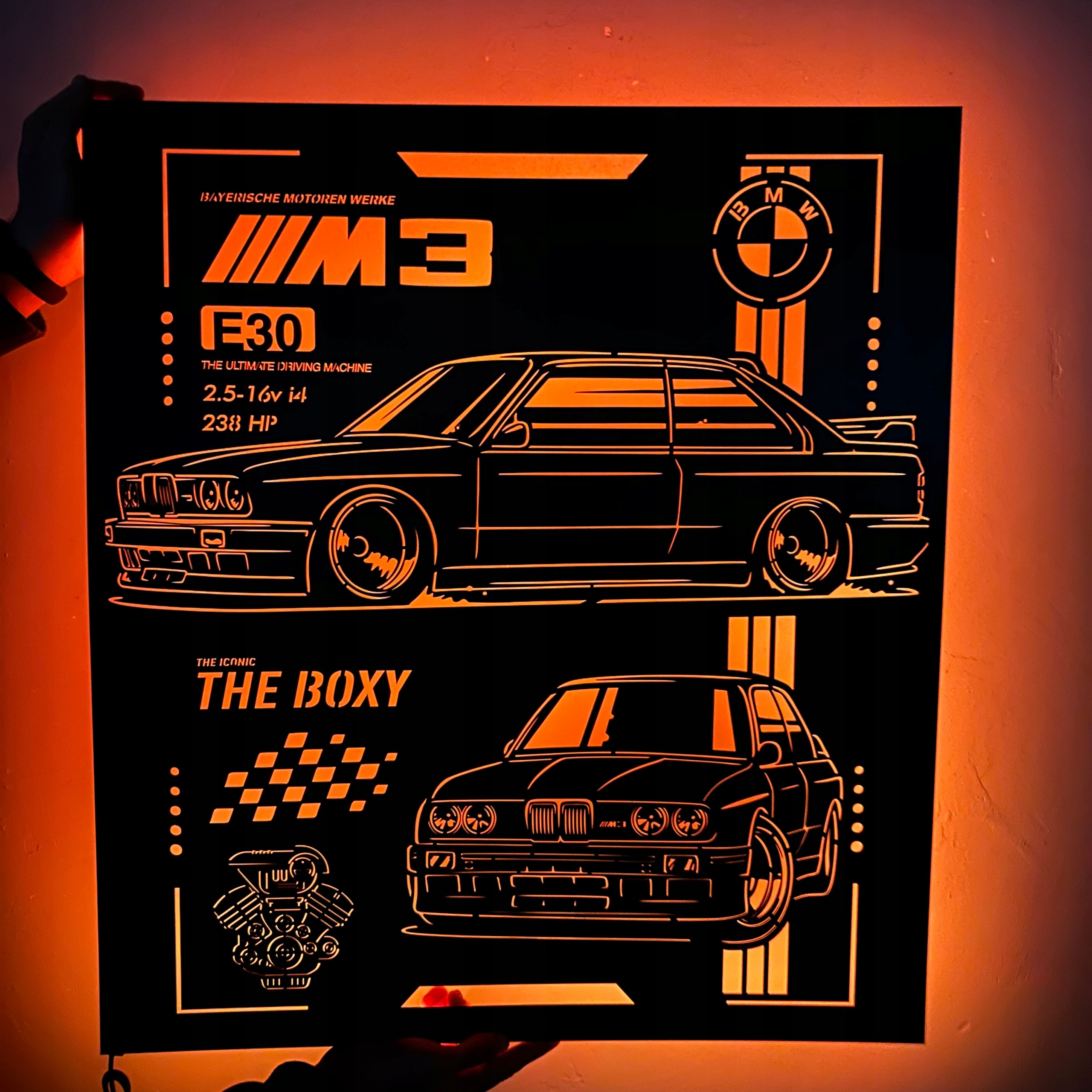 Bmw M3 E30 Dřevěný 3D obraz Noční Lampa Led XL Dárek Rgb dálkové ovládání