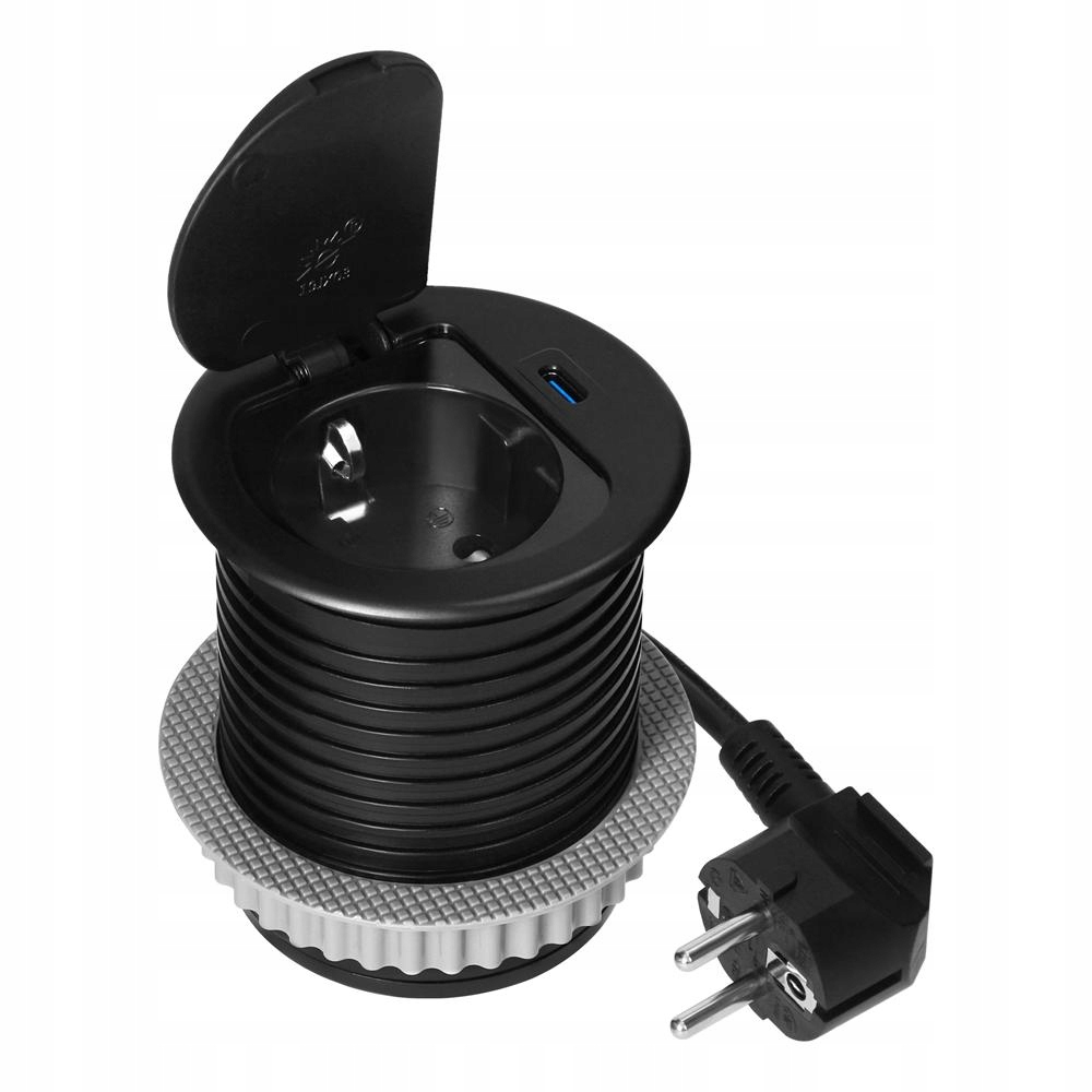 Nábytková zásuvka Ø6 cm 1,9 m, 1x2P+Z (Schuko), 1xUSB (typ C; PD20W), černá