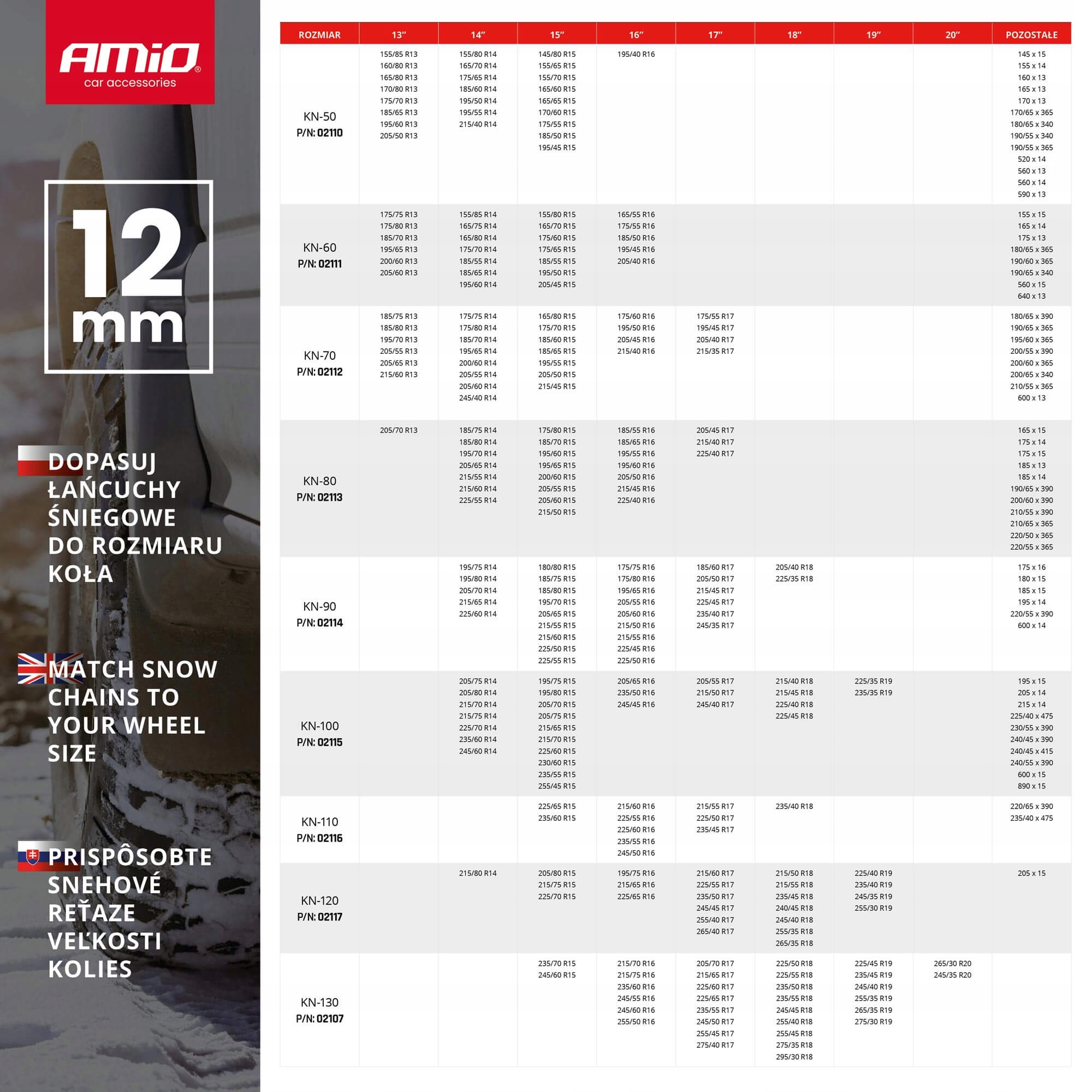 ŁAŃCUCHY ŚNIEGOWE NA KOŁA R17 R18 R19 KN-120 ONORM Producent Amio