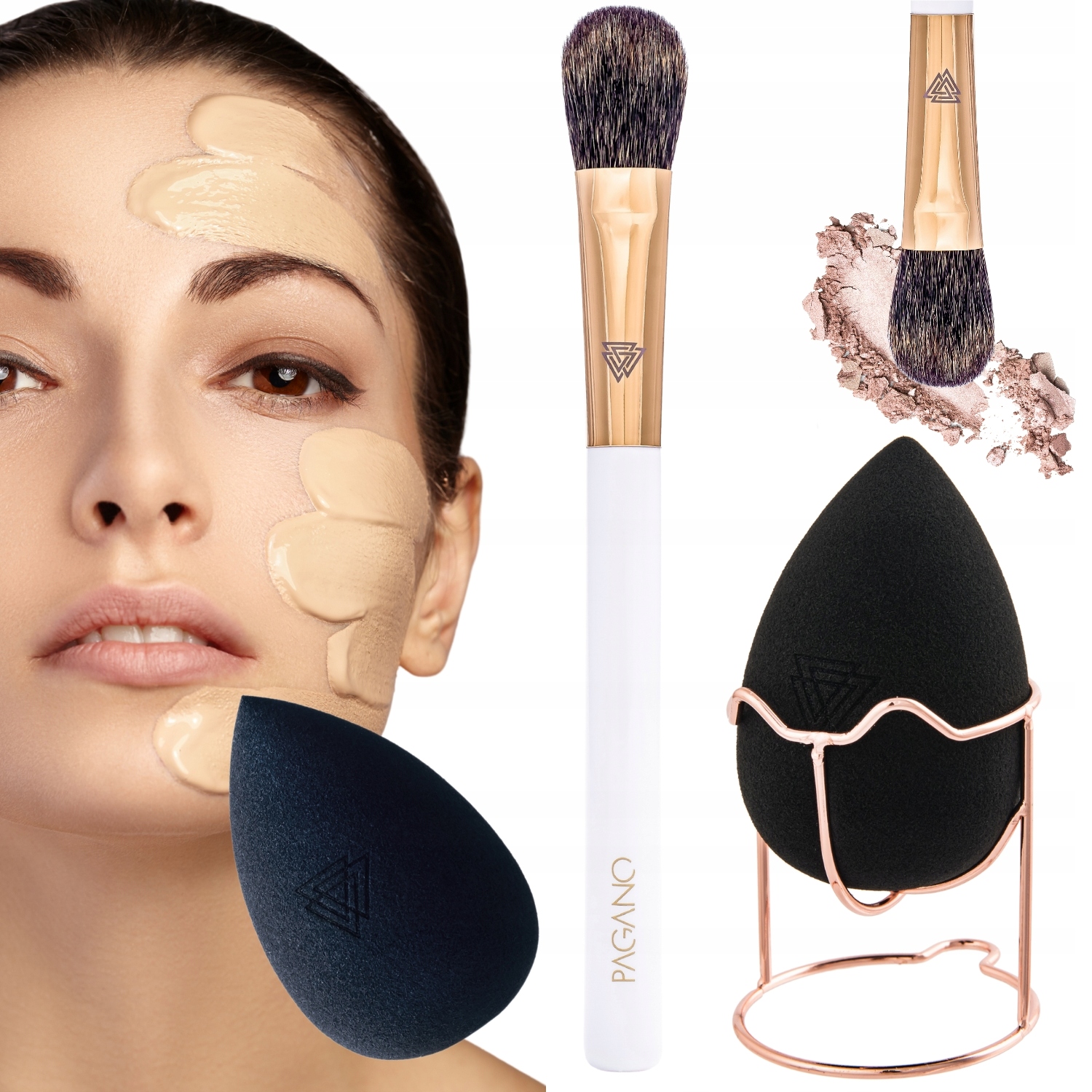 Sada Přírodního Pudrového Štětce A Houbička Na Make-up Velký Stojánek Pouzdro Dárek