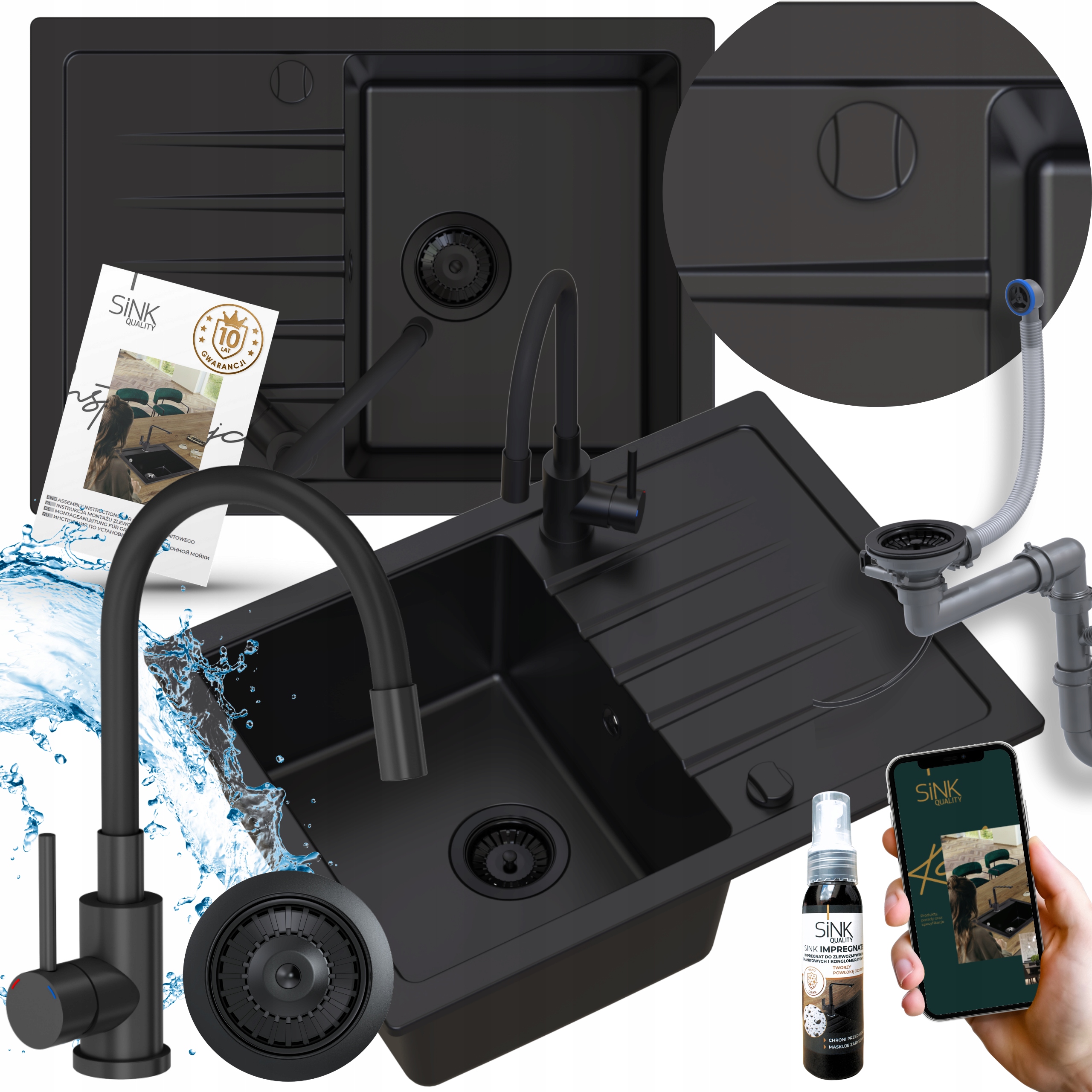 ZESTAW ZLEWOZMYWAK GRANITOWY CZARNY MAT+BATERIA+SYFON AUTOMAT+IMPREGNAT 8w1