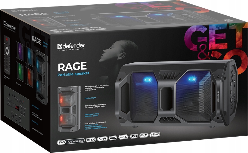 GŁOŚNIK DEFENDER RAGE BLUETOOTH 50W LED/BT/FM/USB/MIC/TWS — 25