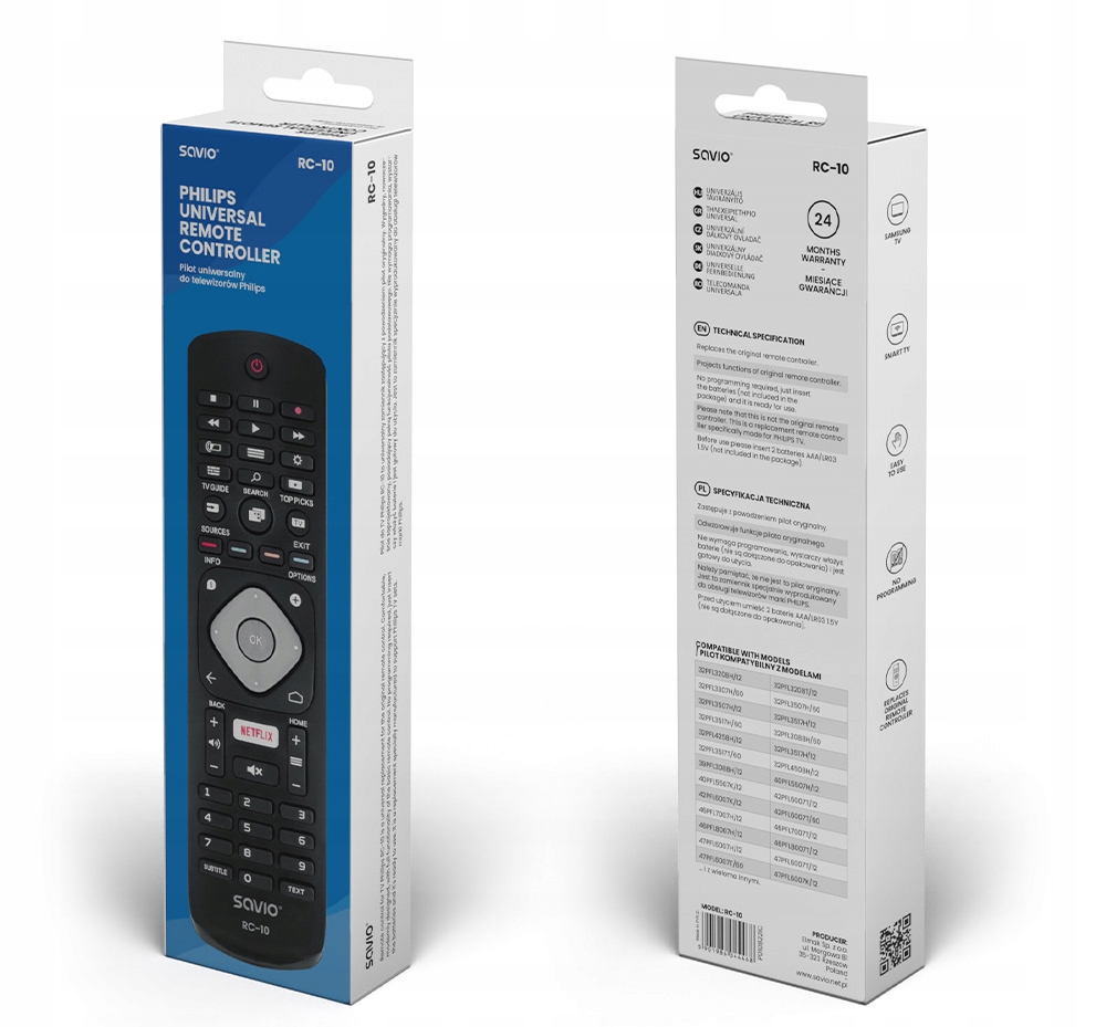Pilot Uniwersalny do TV PHILIPS Telewizor Smart LED z Netfliks Savio RC-10 Kod producenta RC-10