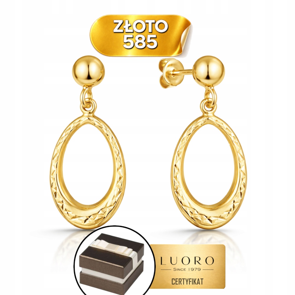Zlaté Náušnice Diamantové Ovály 14K 585 Krabička Dárek