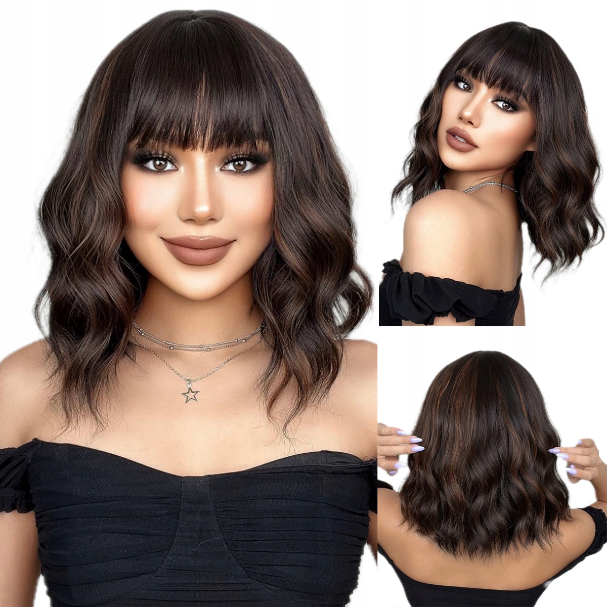 Dámská Paruka Hnědá Polodlouhá Mikádo Bob s Ofinou Přirozený Vzhled