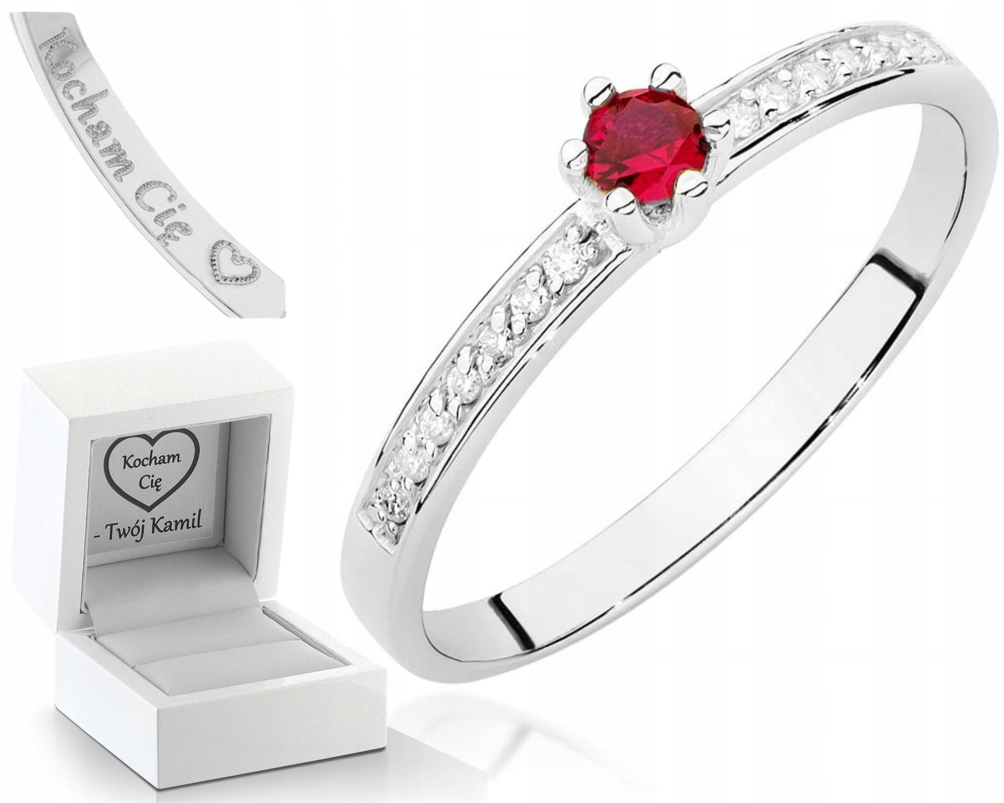 Zlatý Prstýnek Prsten S Rubín , Diamanty, Bílé Zlato 585, Dárek , Gravírování