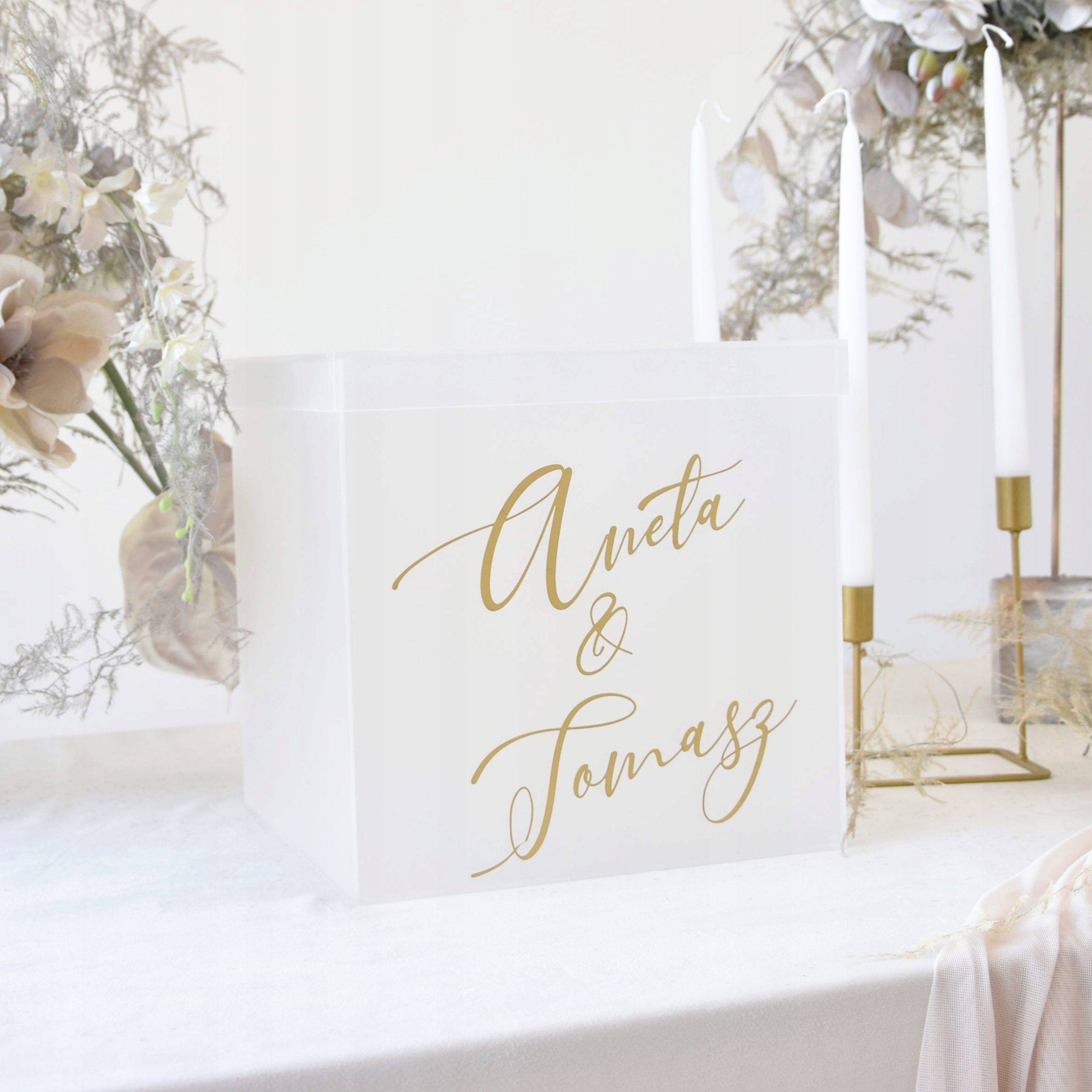DUŻE pudełko plexi na koperty + obrączki. Złoty napis ślub Plexi szronione Kod producenta 5906506316018