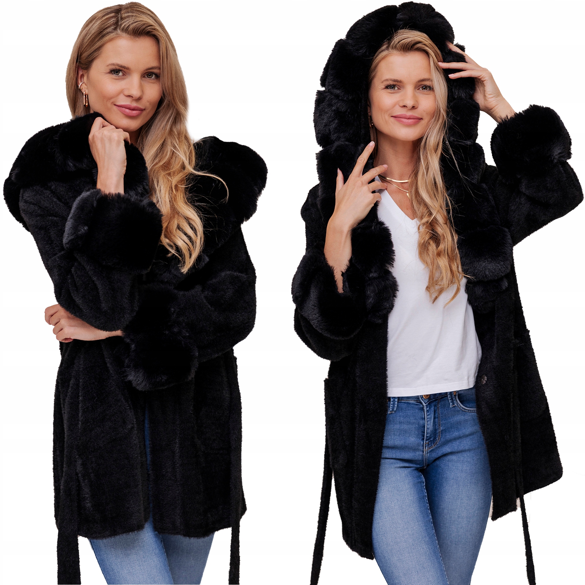 Bella Měkký Kabát S Páskem S Kapucí Alpaka S Kožešinou, Černý