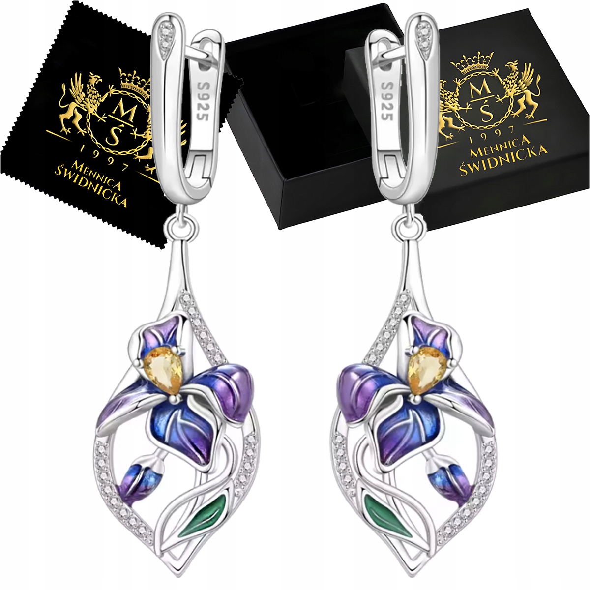 Kolczyki Długie Damskie Srebrne 925 Kwiaty Cyrkonie Angielskie Zapięcie