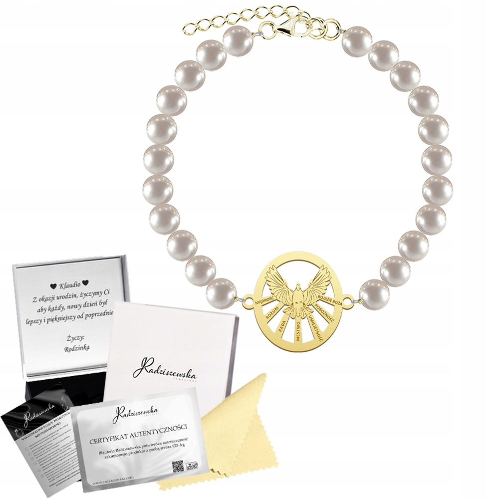 Zlatý náramek na biřmování Duch svatý Perly Stříbro 925 Přání