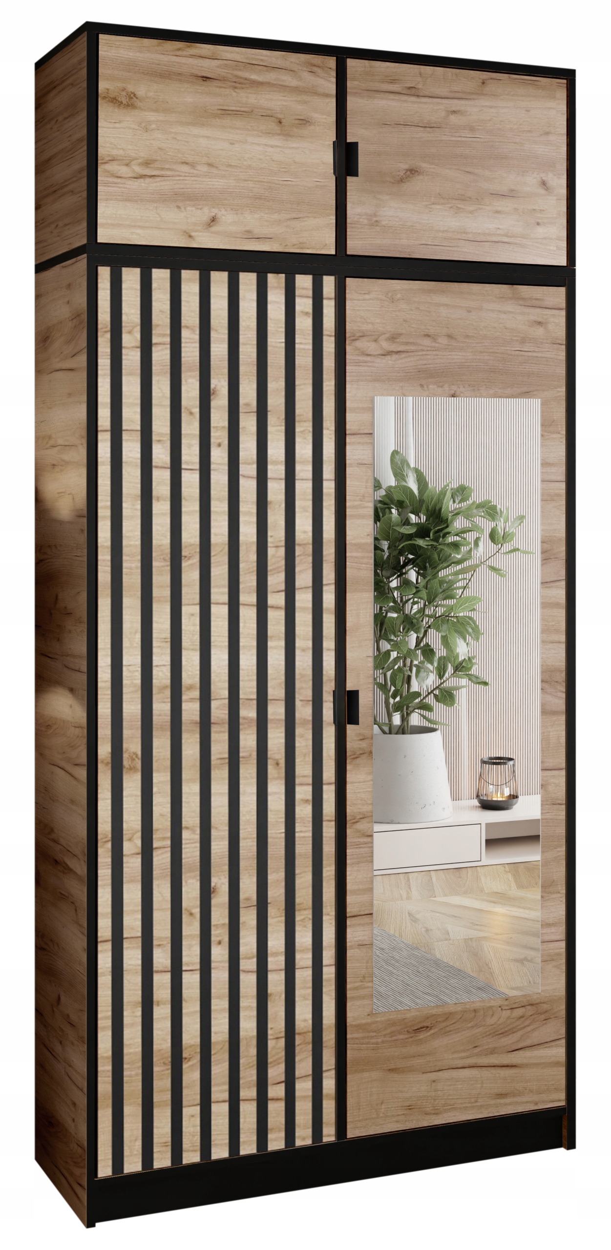 Skříň Lumi 105 2D Dub se zrcadlem, vzor 3, úchytka, nadstavec.