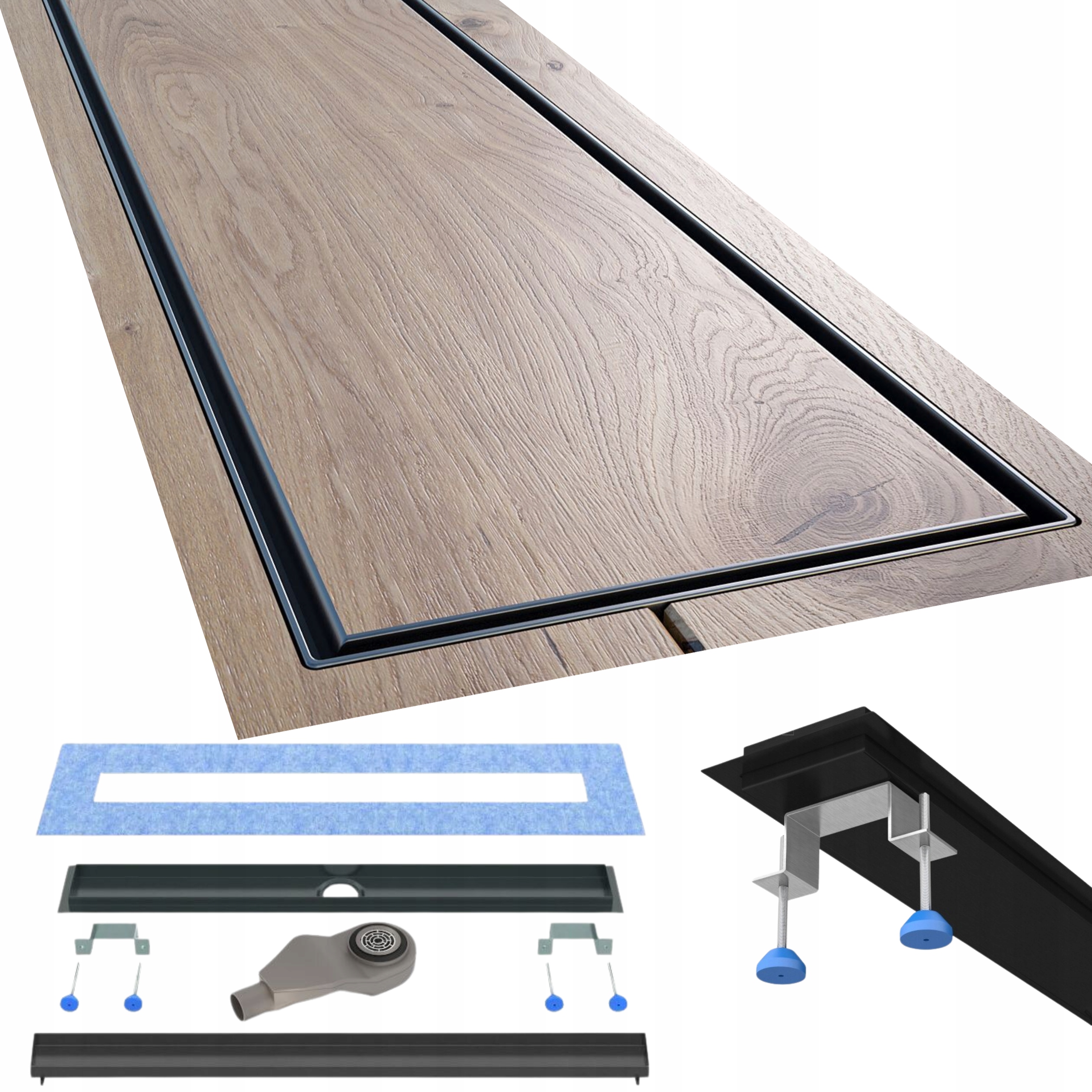 Lineární odtok 90 cm nízký černý pod dlažbu, kompletní sada Waterway