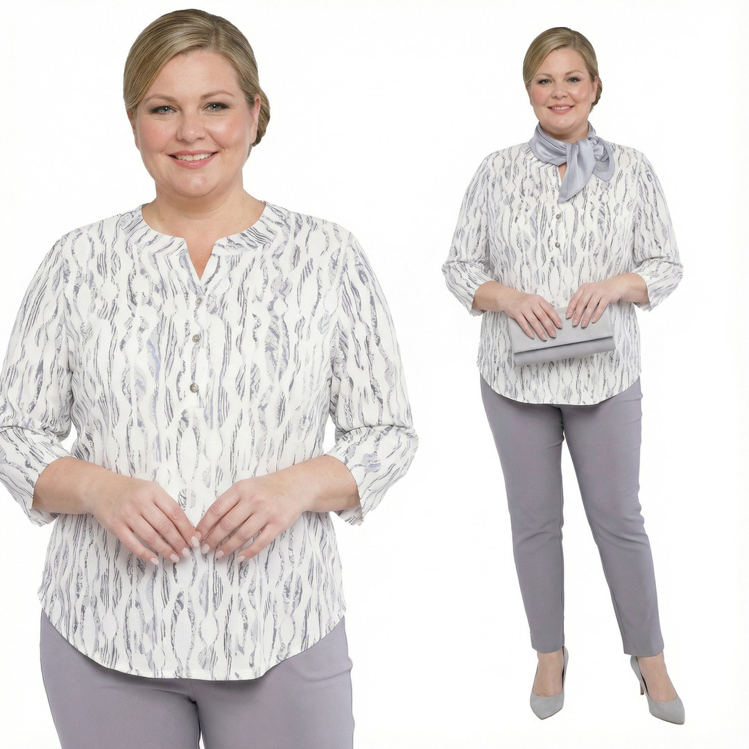 Bílá halenka, šedý vzor plus size, velikost 50
