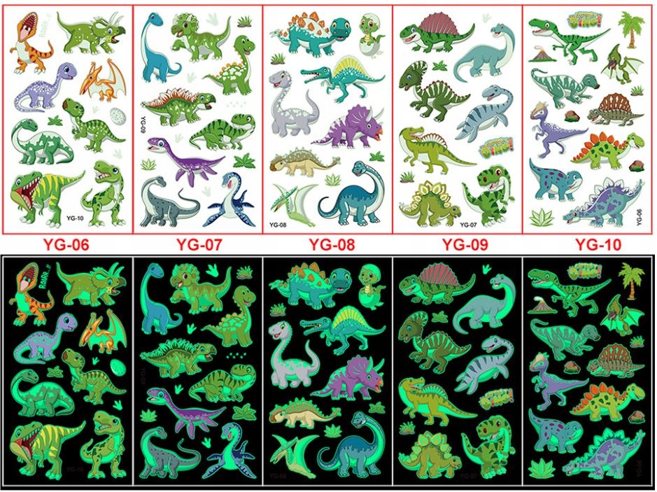 TATUAŻE ZMYWALNE KALKOMANIE ŚWIECĄCE W CIEMNOŚCI DINOZAUR 5 ARKUSZY