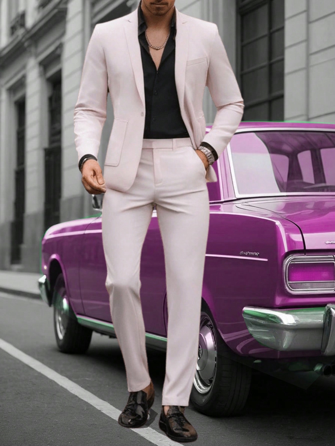 Pánský Elegantní, Stylový A Módní Jednořadý Oblek Růžový Shein