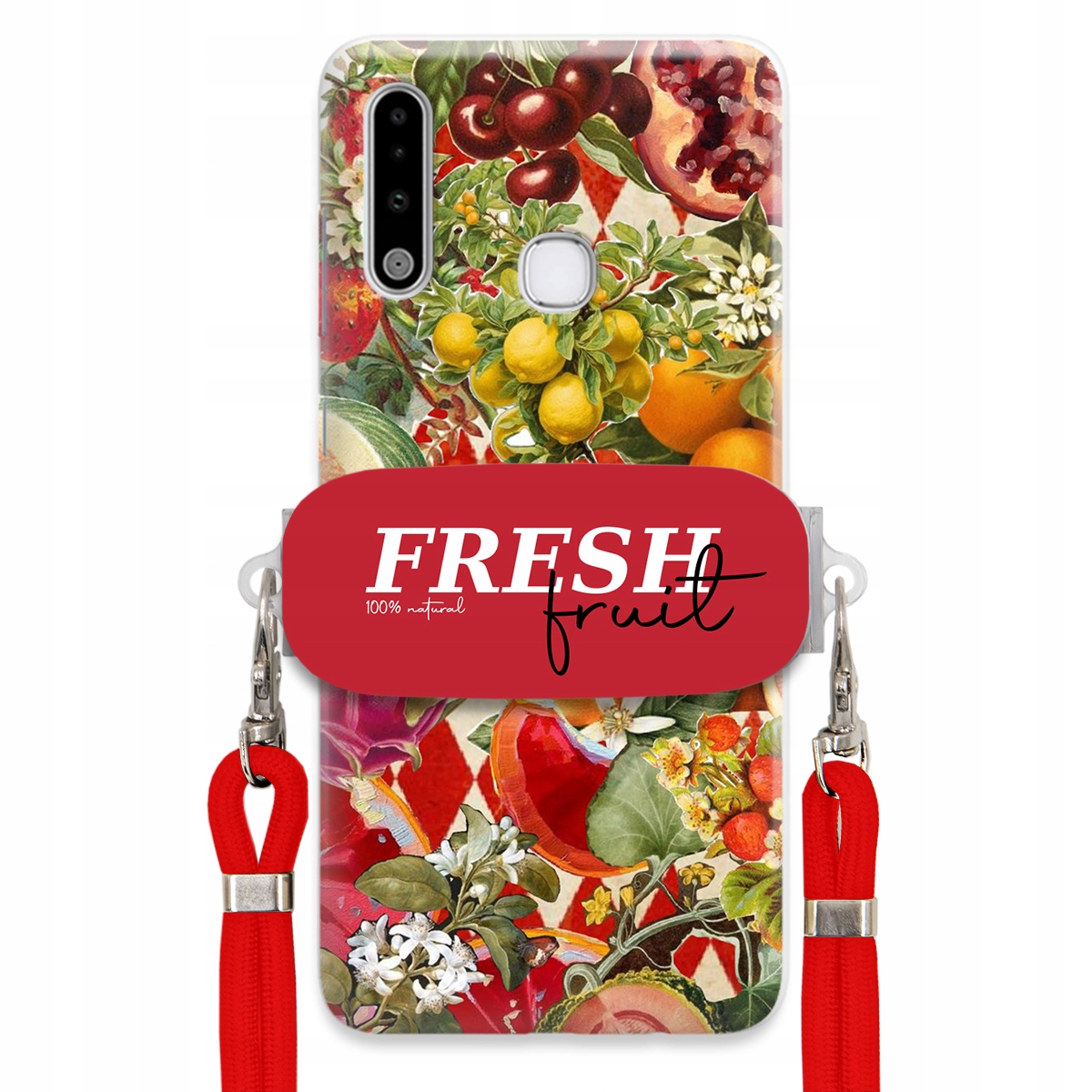 Puzdro pre Samsung A70e Červené Crossbody vodítko držiak Fresh Fruit Ovocné