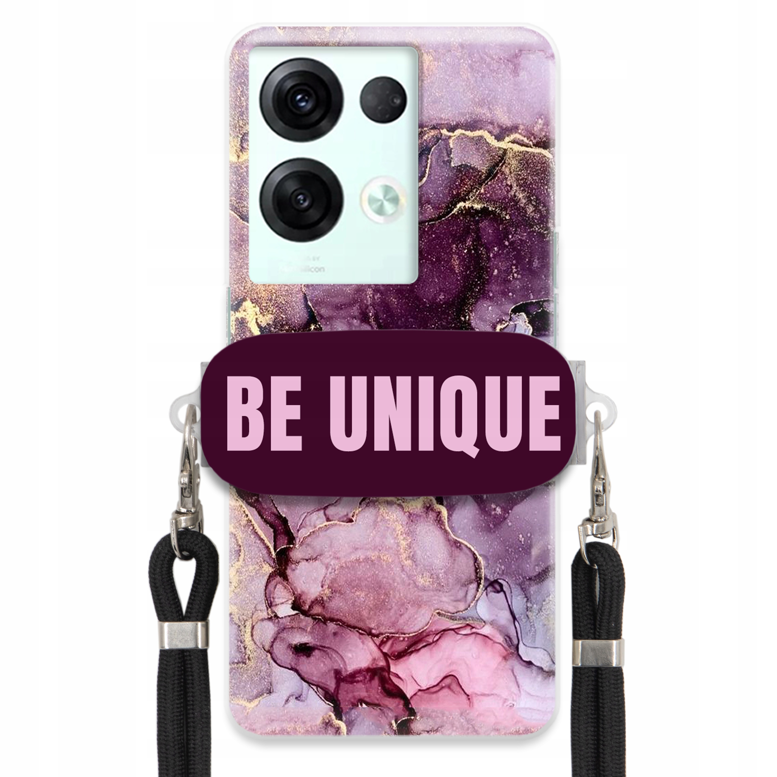 Puzdro pre Oppo Reno 8 5G držiak na šnúrku Čierna Fialová Mramor Be Unique