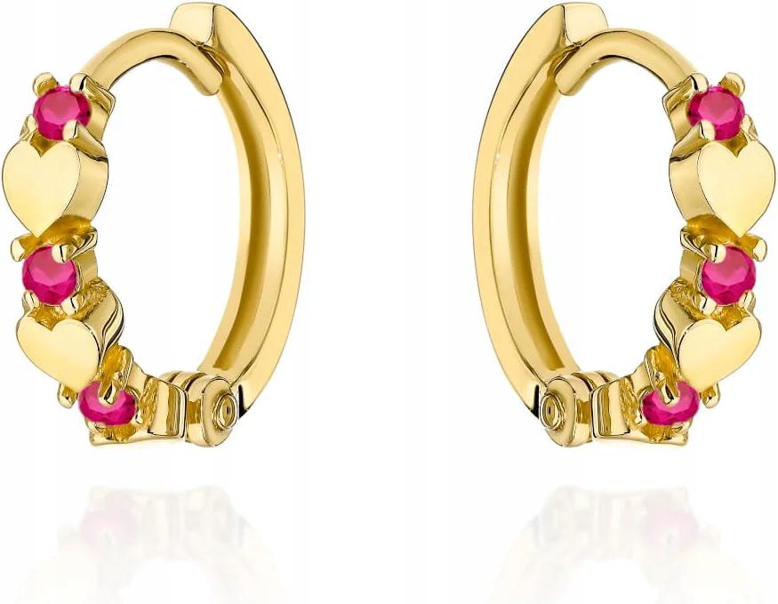 Náušnice zlaté 585 srdíčka s fuchsiovými zirkony na kreolu pro ženy