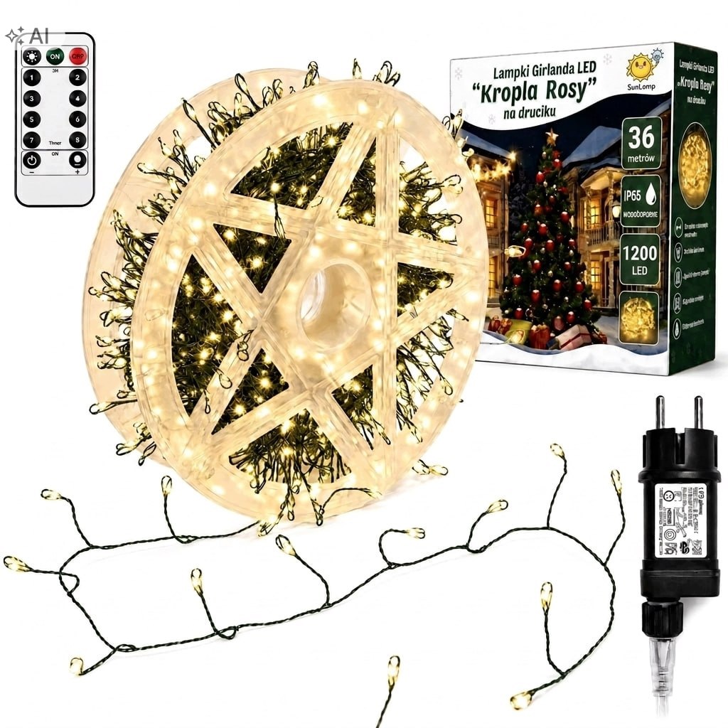 Lampki choinkowe 1200 Led 36m na druciku ryż ciepły biały zewnętrzne