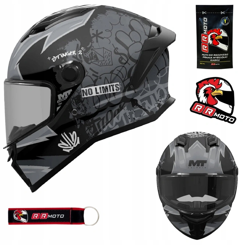 Kask motocyklowy Mt Stinger 2 Tagger Black/grey Matt czarny szary Gratisy