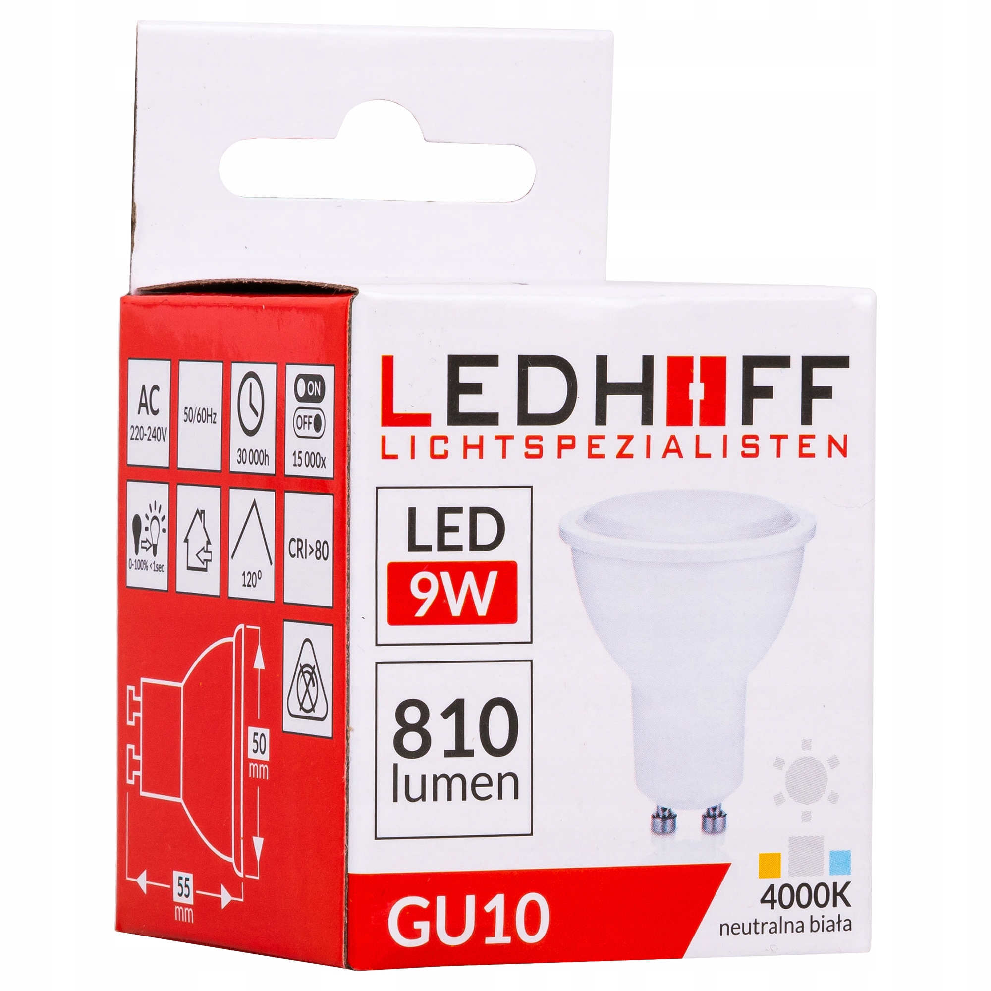 Żarówka LED GU10 Naturalna 9W 4000K BARDZO MOCNA Marka Ledhoff