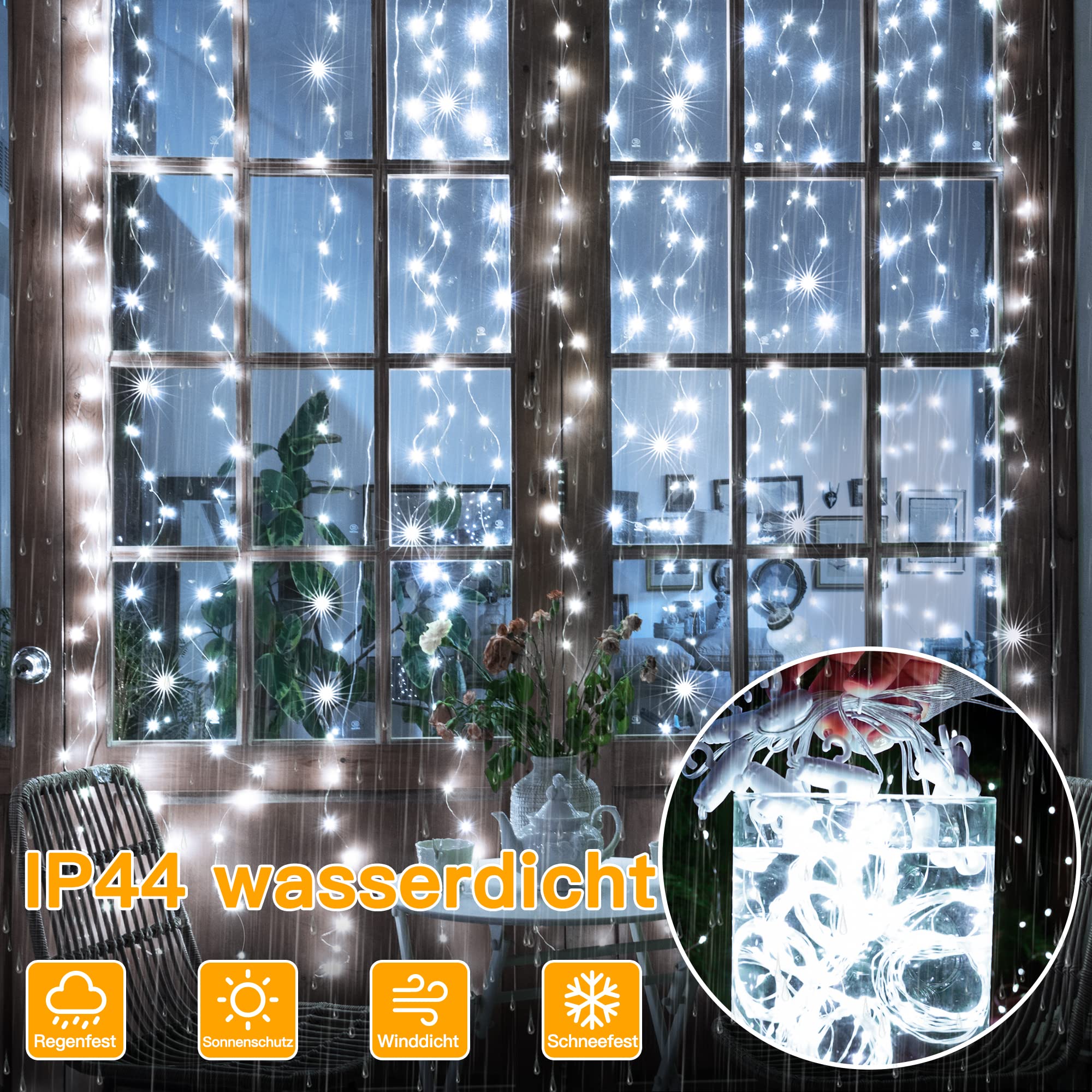 OLLNY Kurtyna Świetlna Girlanda Wodoodporne Lampki Białe 3x3m 300 LED — miniatura 5