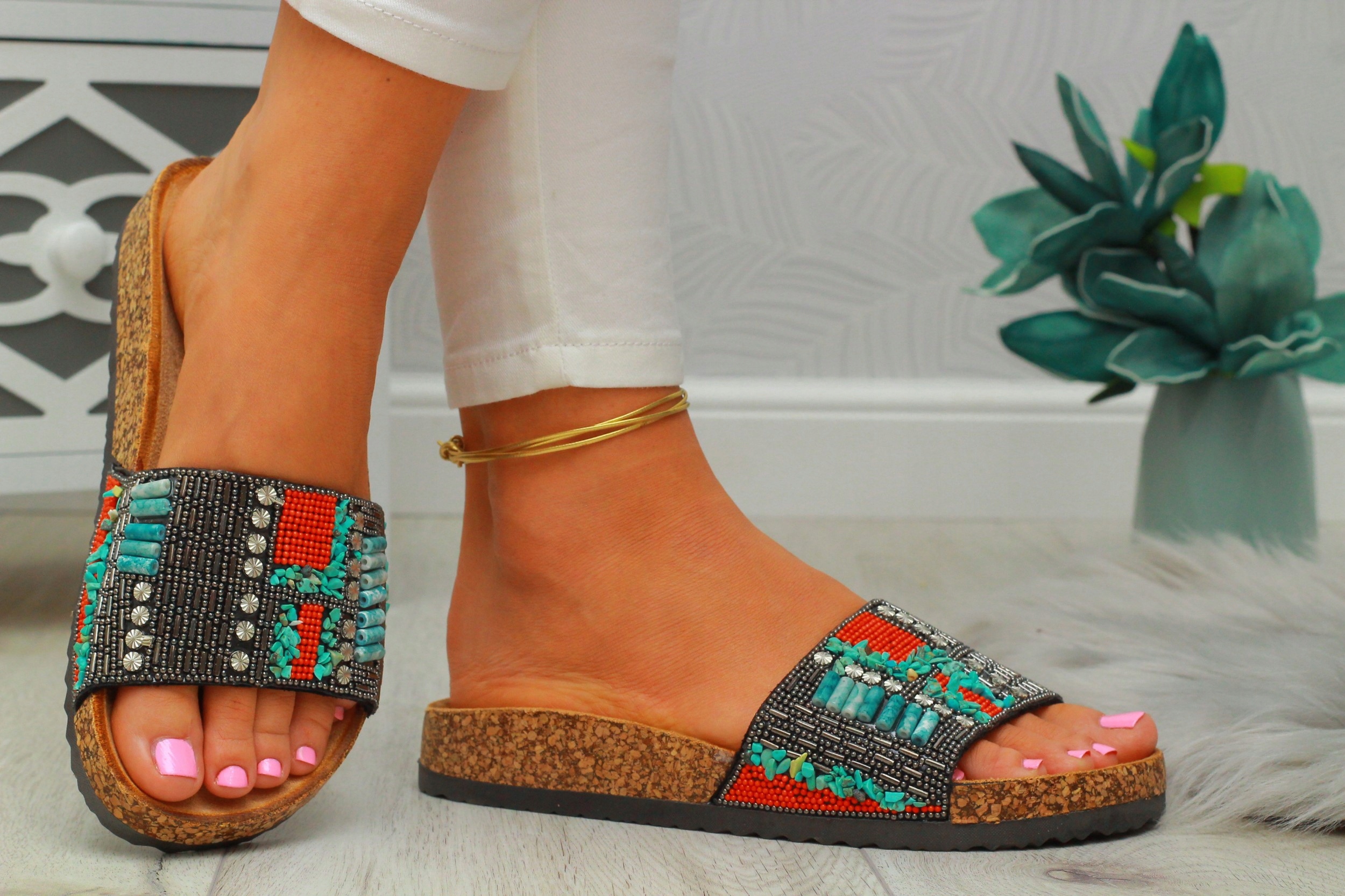 KLAPKI DAMSKIE NA KORKU STYLOWE PROFILOWANE Długość wkładki 23 cm