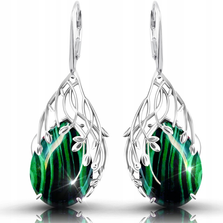 Dámské stříbrné náušnice Malachit závěsné anglické stříbro o ryzosti 925