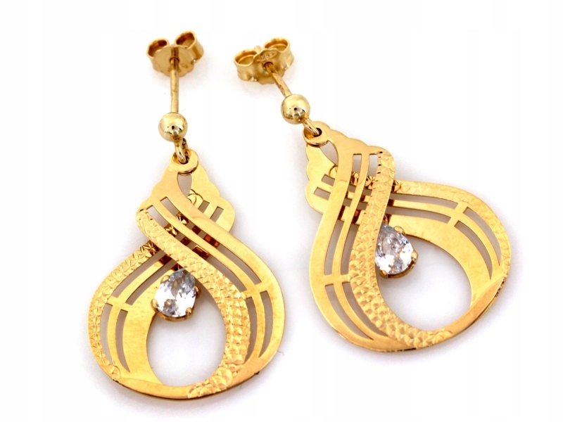 Elegantní zlaté náušnice 585, závěsné, zdobené zirkonem a na tyči dárek