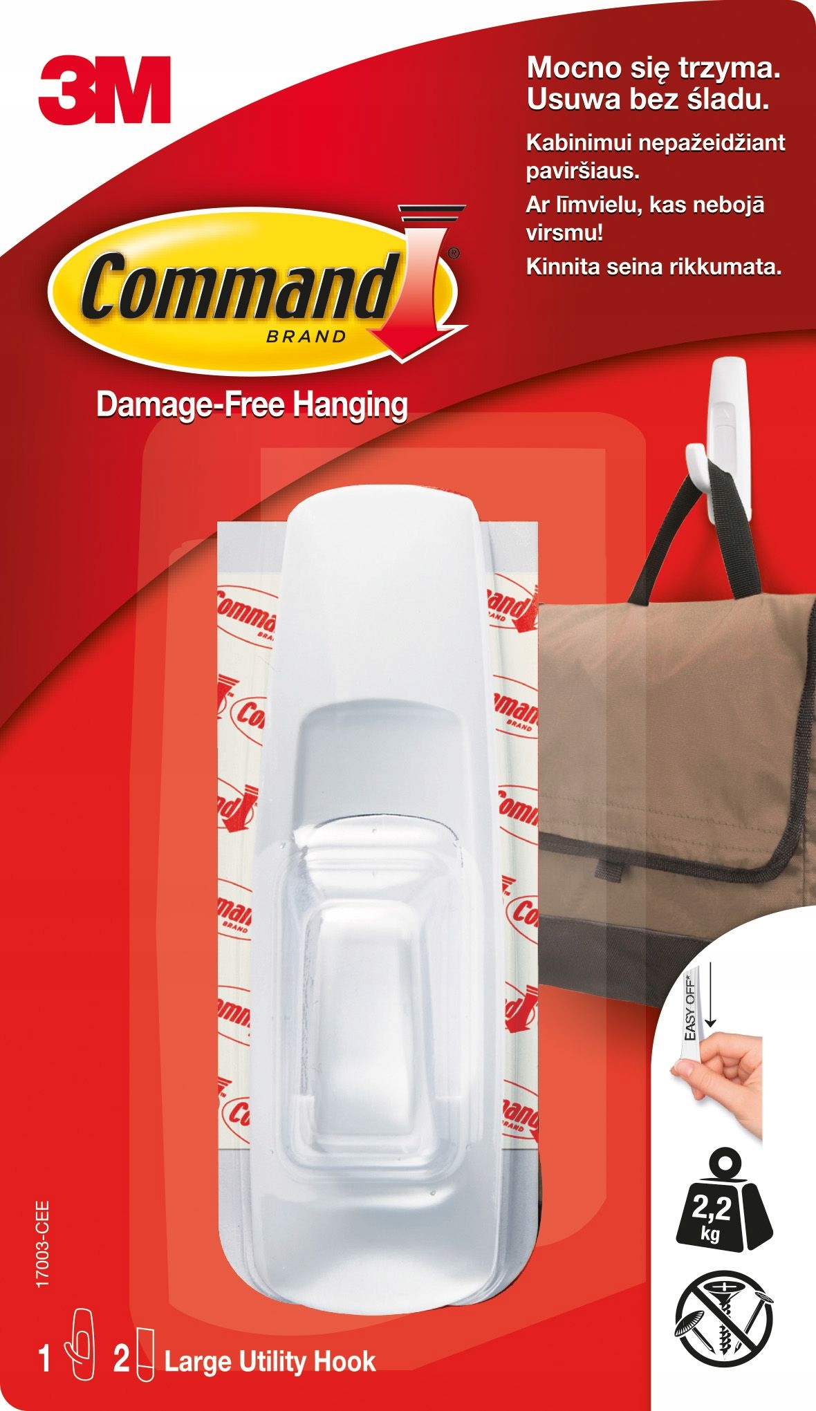 HAK SAMOPRZYLEPNY Uchwyt ŚCIENNY duży biały do 2.2kg HACZYK Command - 3M Marka inna