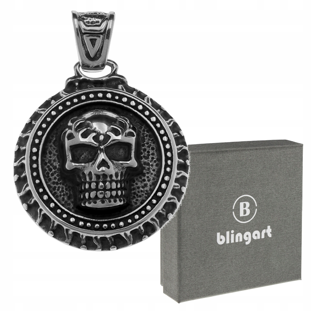 Zawieszka męska CZASZKA okrągła ORNAMENTY wisiorek STAL 316L