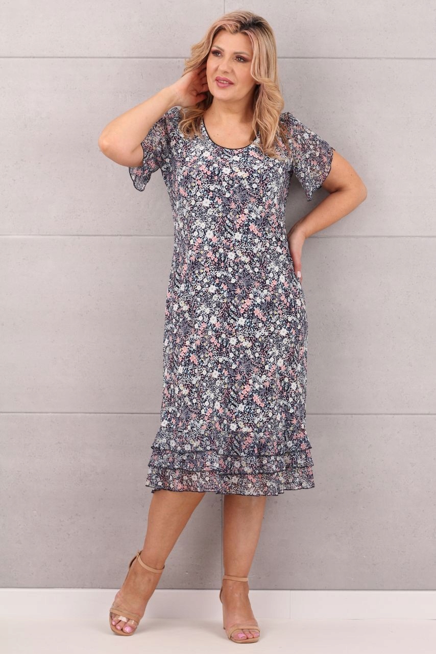 WIZYTOWA SUKIENKA Z FALBANKĄ DUŻE ROZMIARY POLSKI PRODUCENT MIDI ZWIEWNA Kolor wielokolorowy