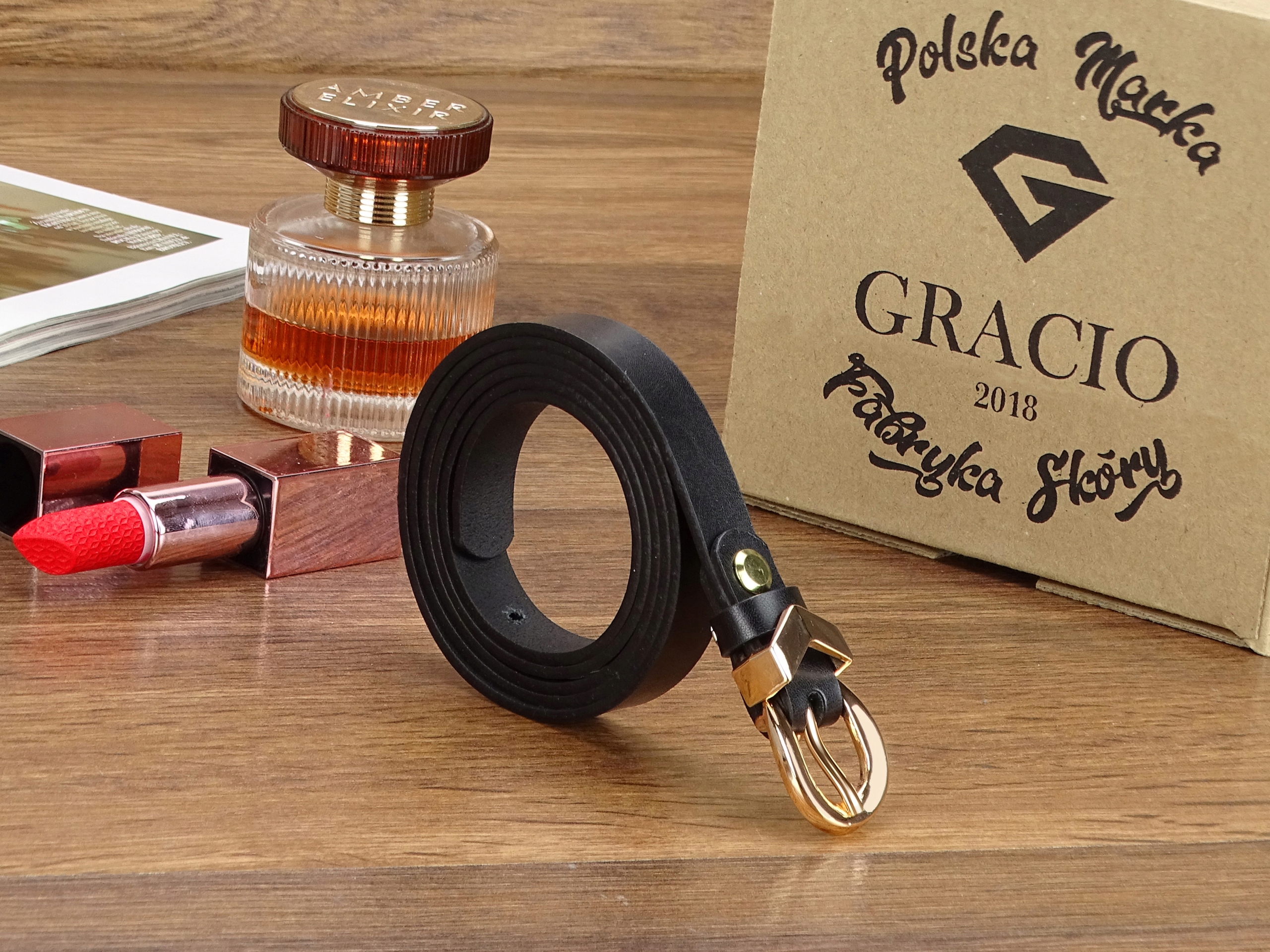 PASEK czarny DAMSKI złota klamra GRACIO SKORZANY Kolor czarny