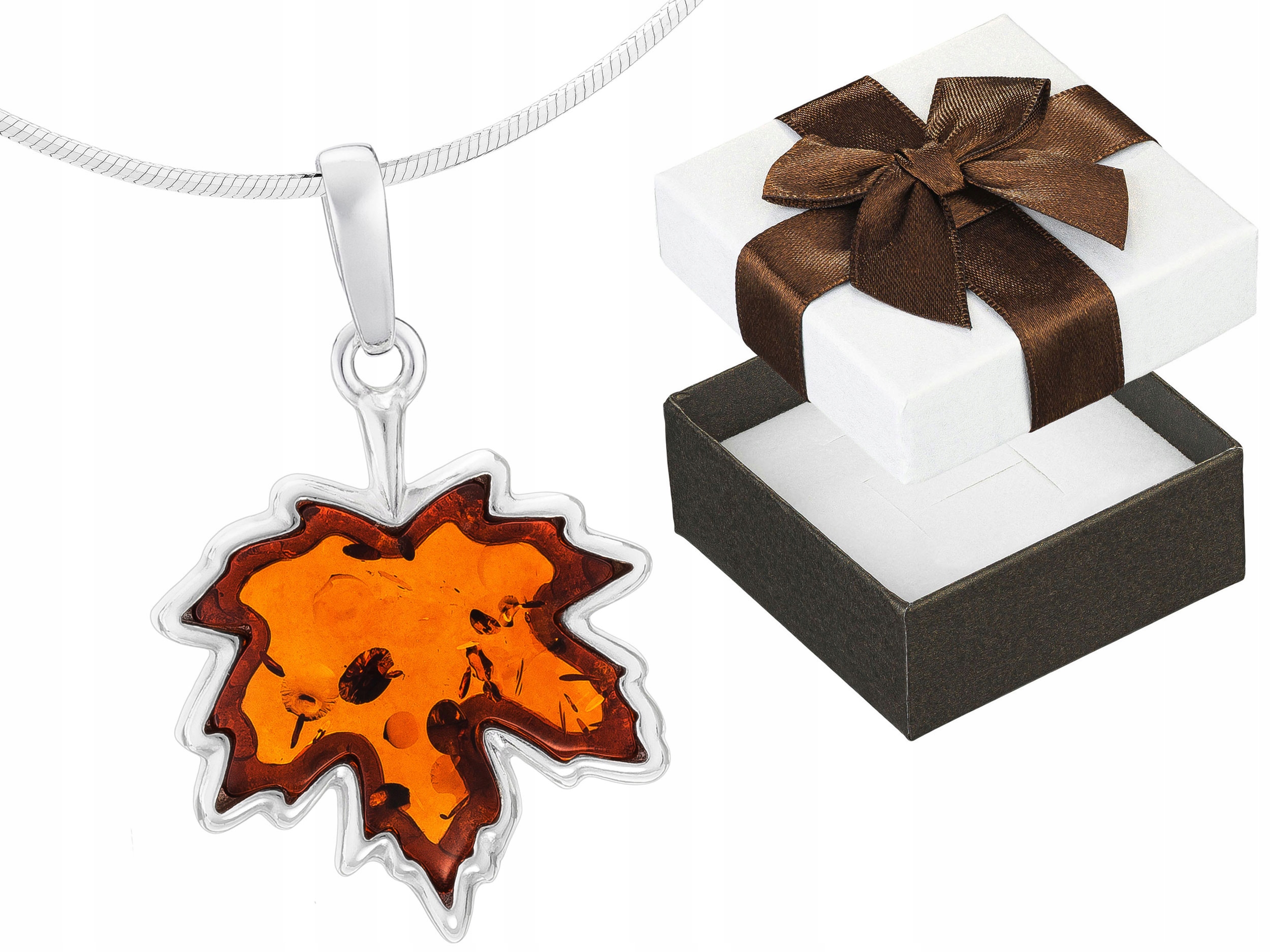 Dlouhý stříbrný dámský náhrdelník Javorový List s jantarovým lístkem Stříbro 80 cm