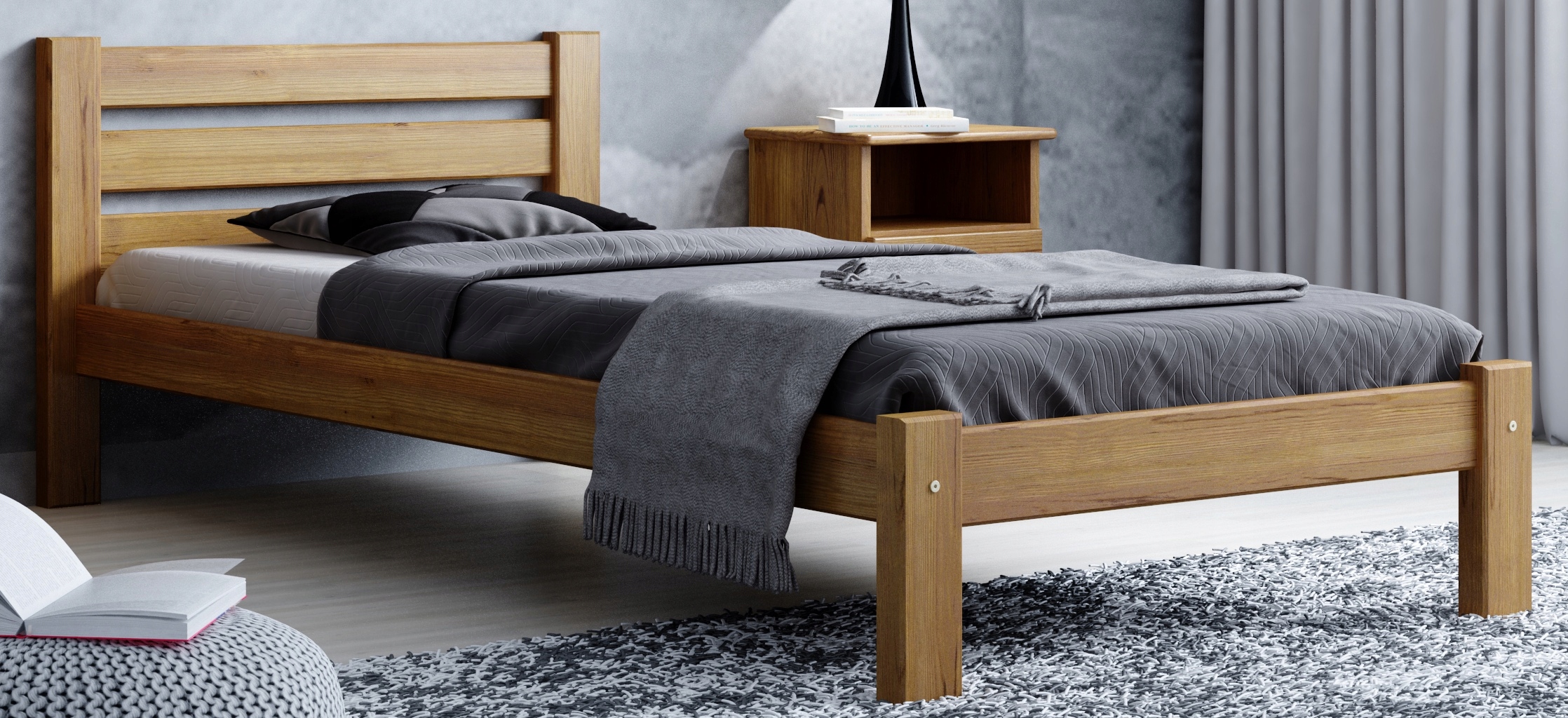 Dřevěná postel 100x200 Vysoká Opěrka Hlavy, rám Dub