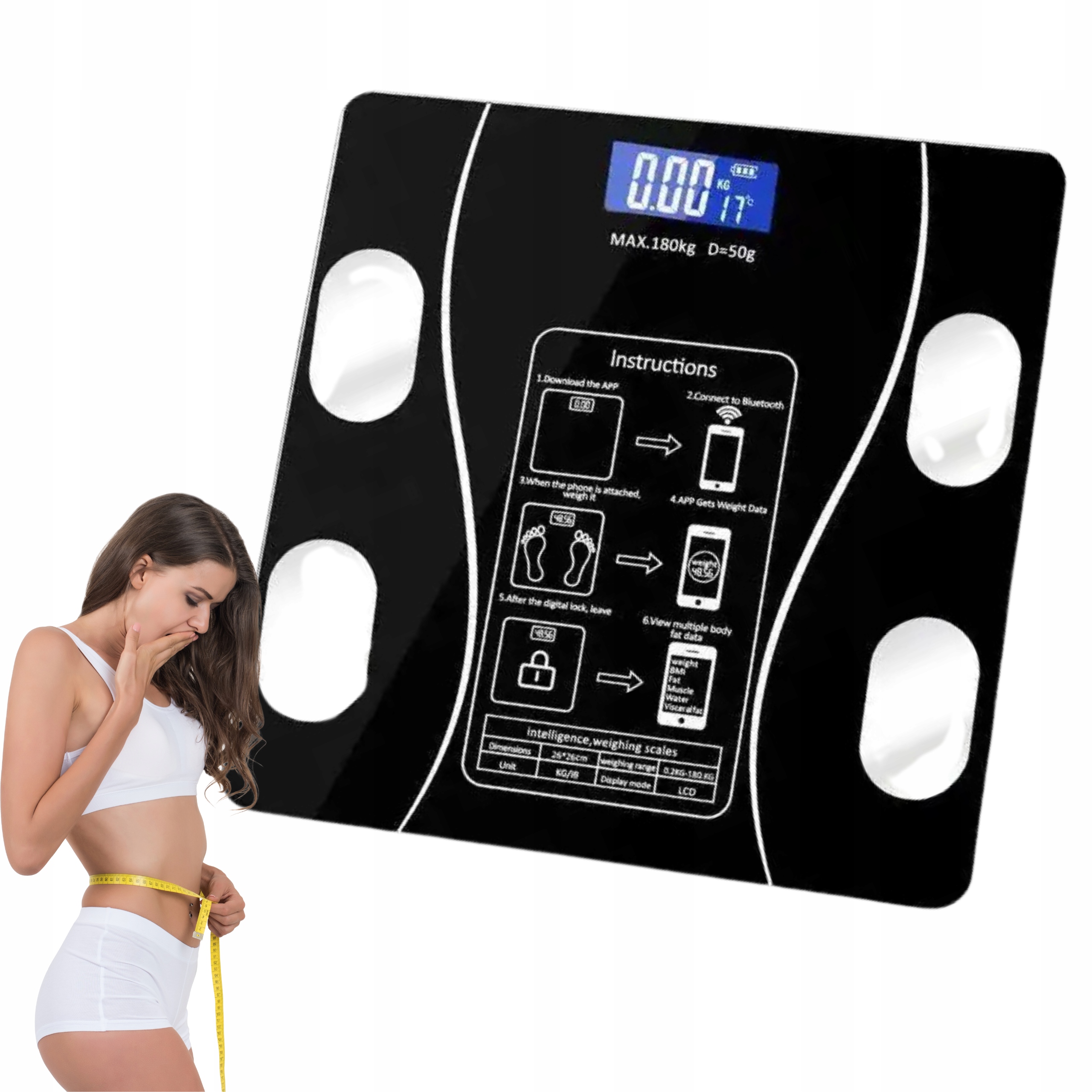 Waga Łazienkowa Analityczna 180KG Smart 25w1 Bluetooth Aplikacja Baterie
