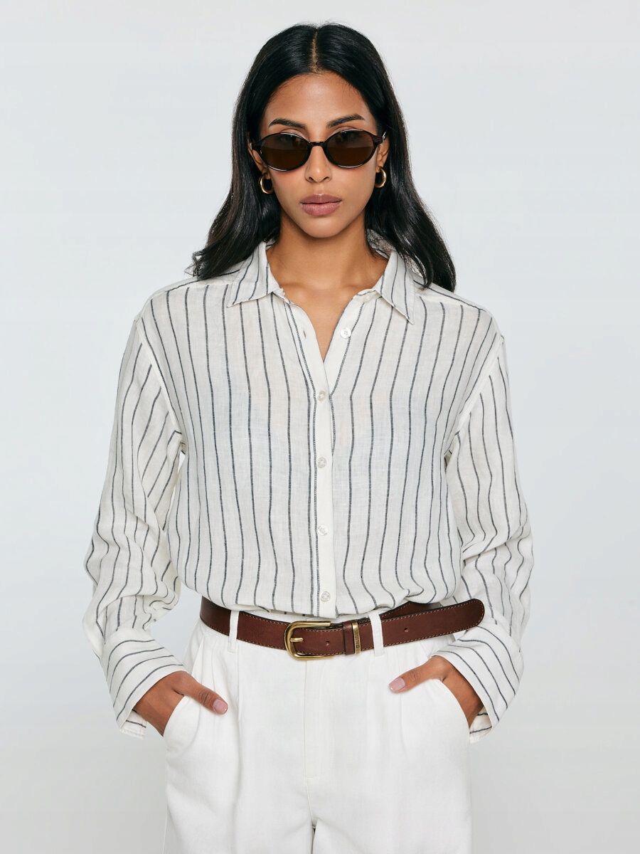 Big Star Lněná dámská košile s žebrováním, bílá, Lamena 100 M