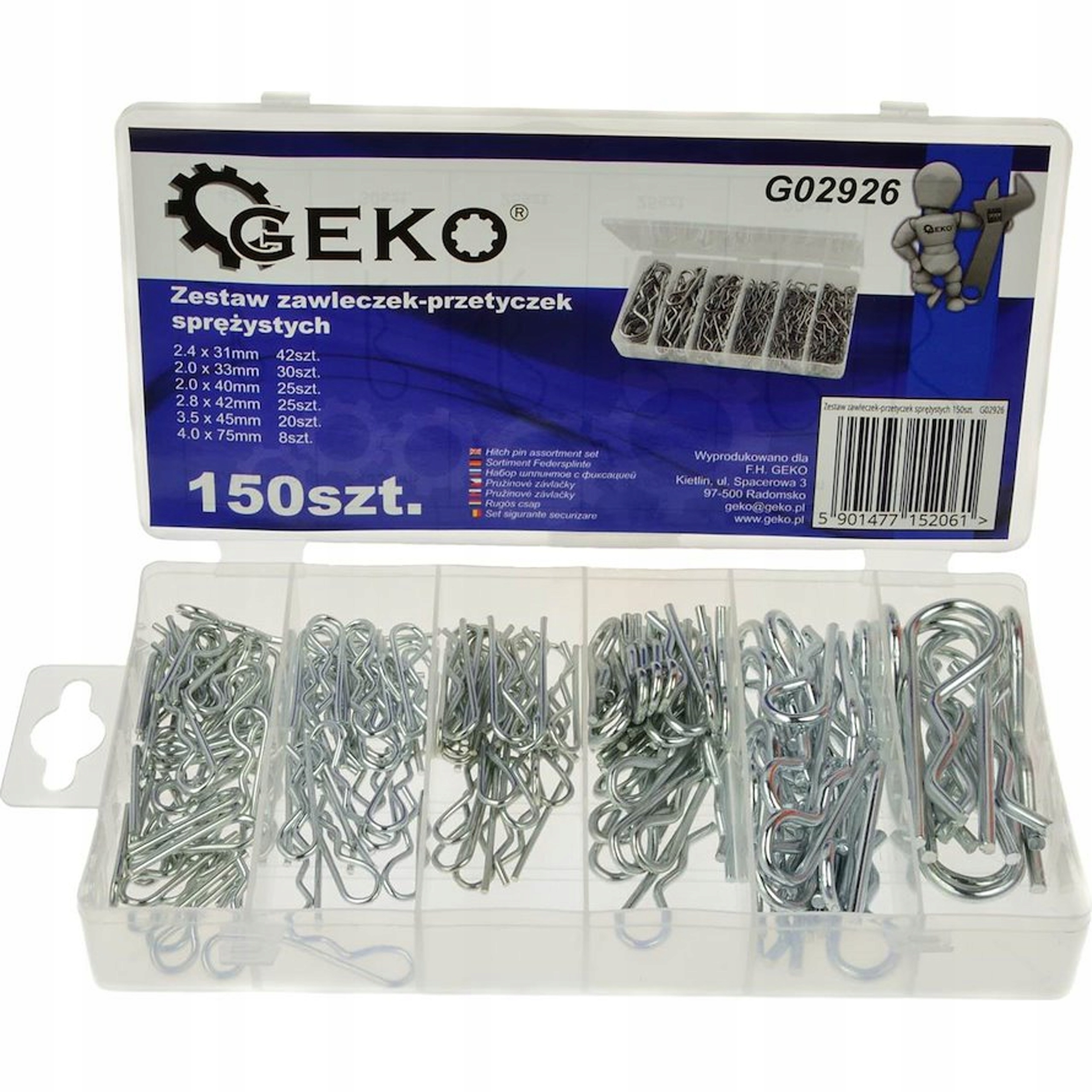 Zestaw zawleczek przetyczek sprężystych Geko 150 szt 6 rozmiarów G02926