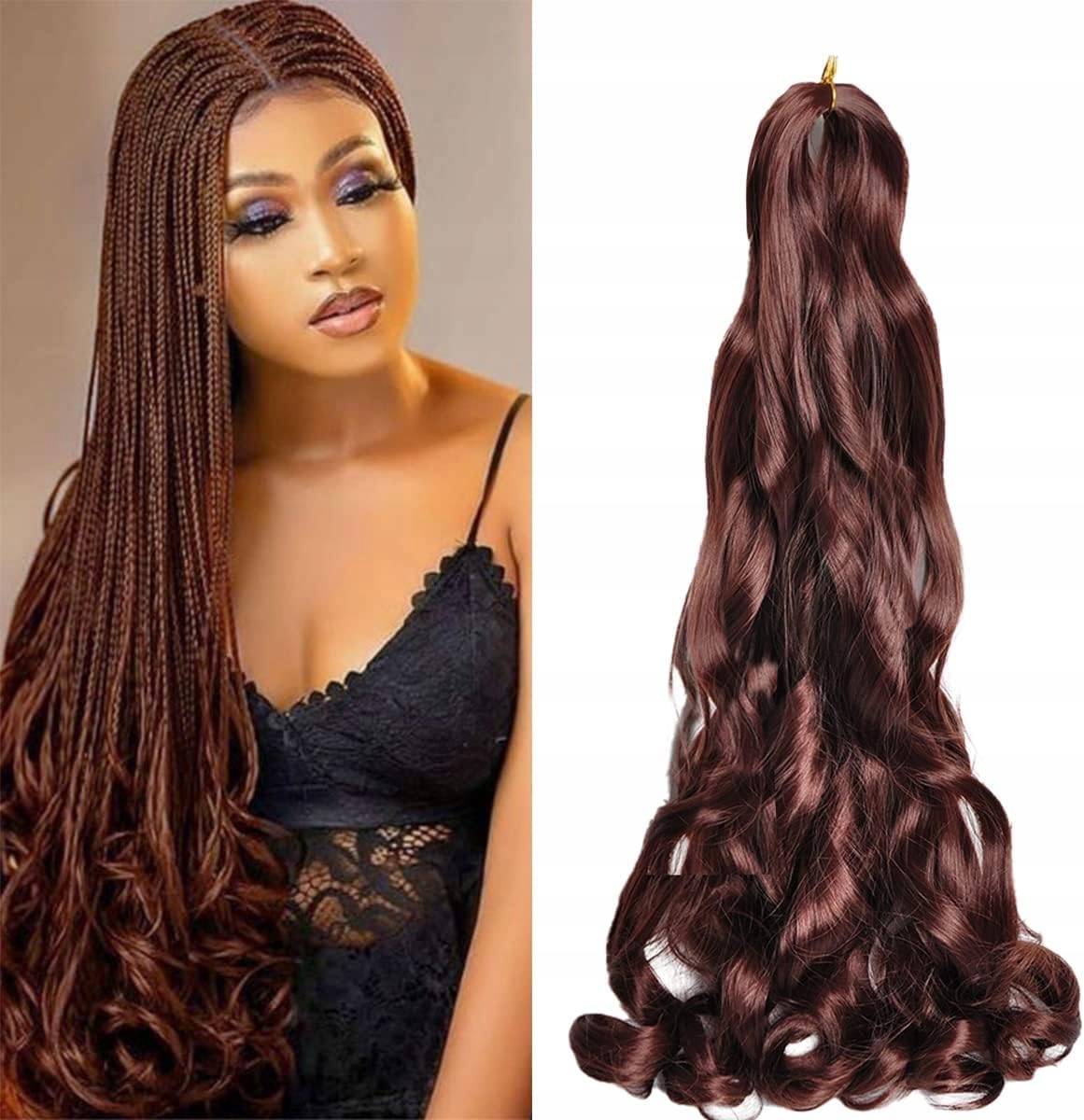 Vlasy pro francouzské copánky Kudrnaté spirálové kadeře 60 cm 8 ks hnědé