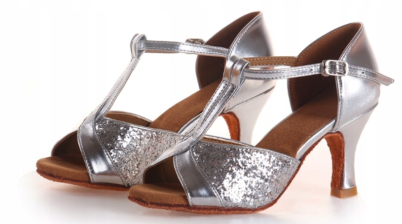 Buty Do Tańca Taneczne Na Obcasie Srebrne Brokatowe Sandały R. 40 24 cm