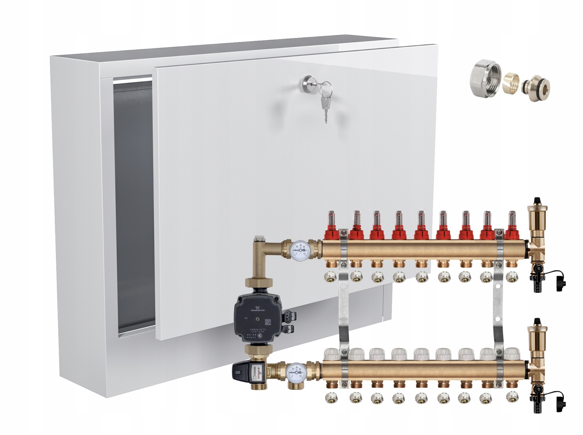 Rozdělovač pro podlahu 9 s Grundfos+pex Nástěnná Skříňka